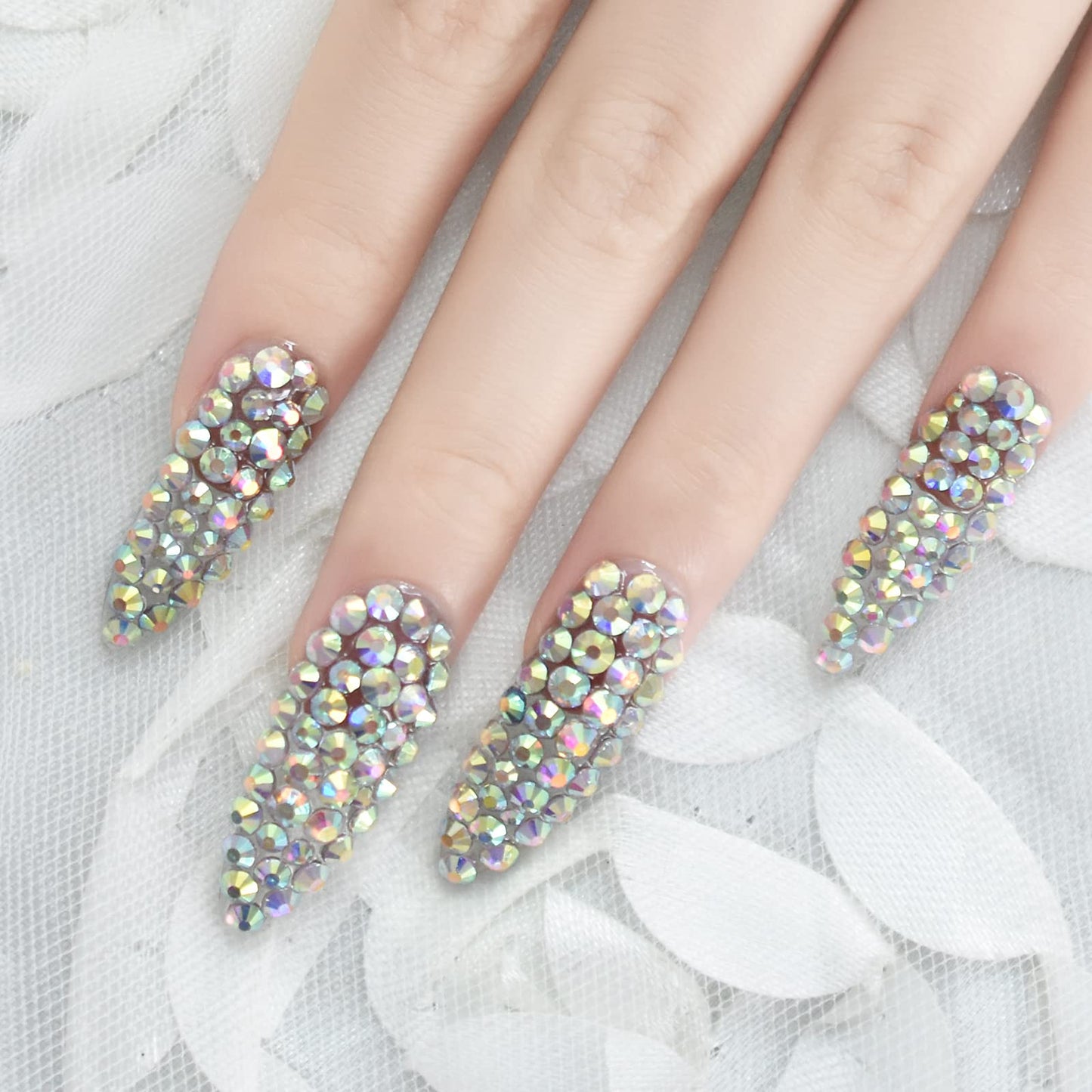 All Diamond Gorgeous, Press On Nails Long Stiletto EchiQ, Rhinestone Gem 3D Nails Art Design Fake Nails, French Acrylic Glossy Almond Faux Ongles Kits, Reusable Full Cover for Women Girls Gift, 24 pcs