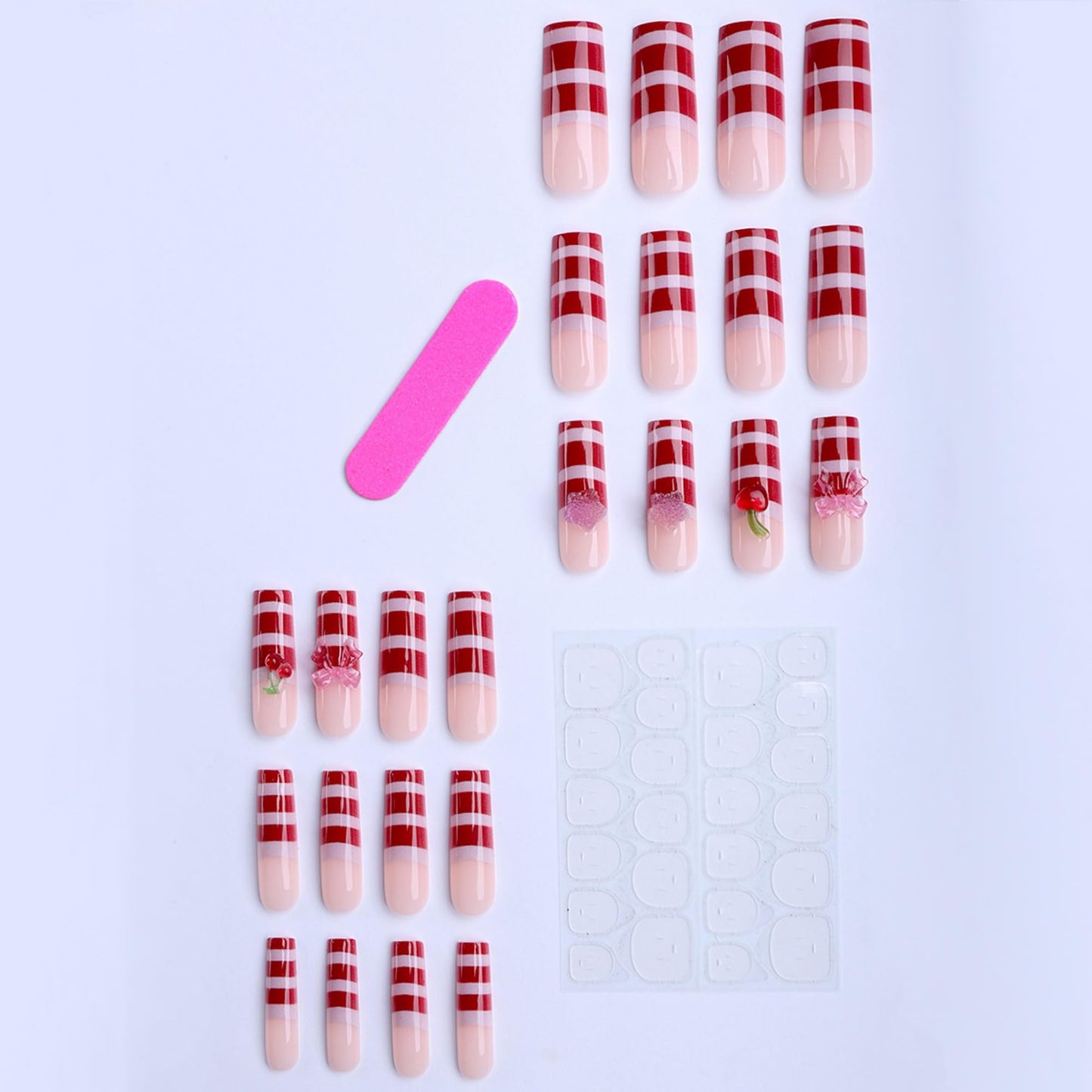 octoswave Long Square Press on Nails Red and Pink Striped French Tip with 3D Cherry Bow Designs Sweet Coquette Style Acrylic False Nails for Women Parties 24Pcs