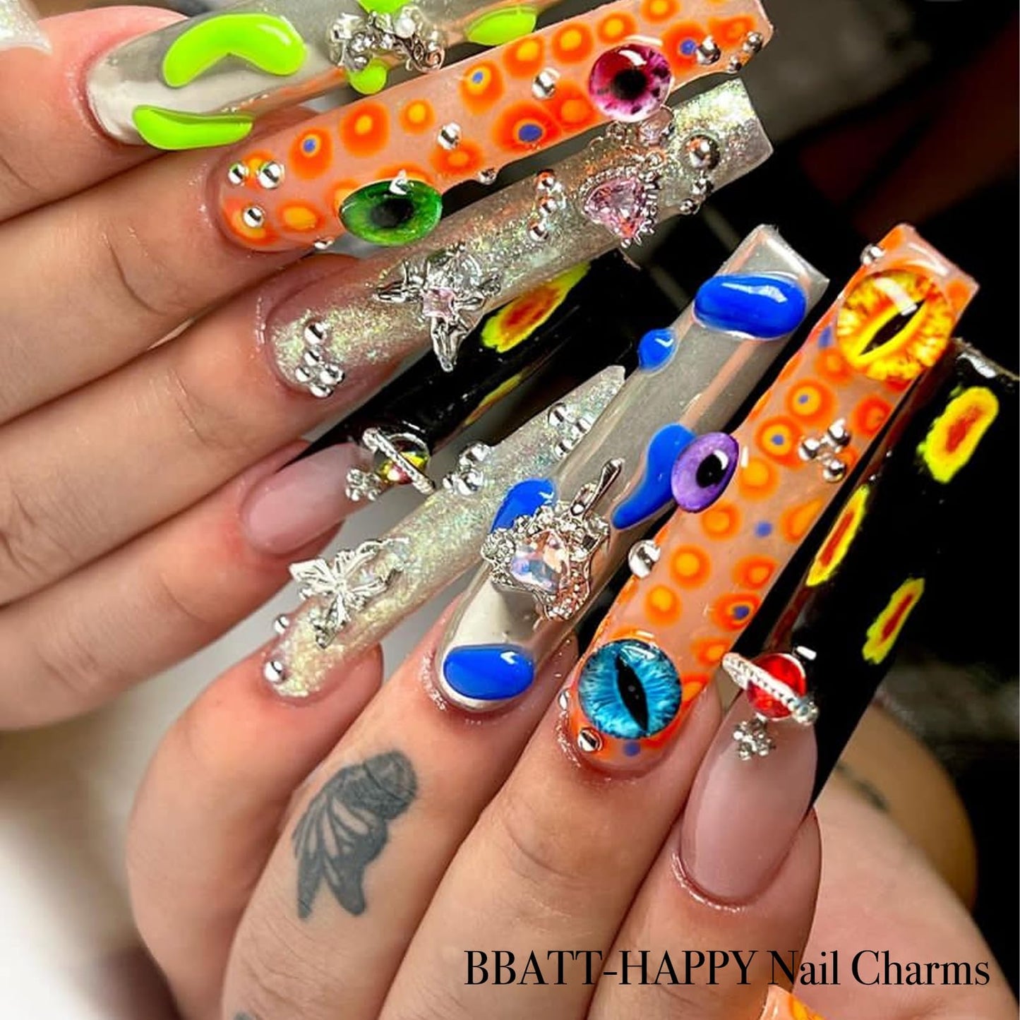 BBATT-HAPPY 240PCS Nail Charms for Acrylic Nails，Junk Nail Theme Eye Pill Puncture Dice Billiards Silver Half Round Pearl Nail Decorations ，Nail Accessories for Nail Art Supplies Manicure DIY