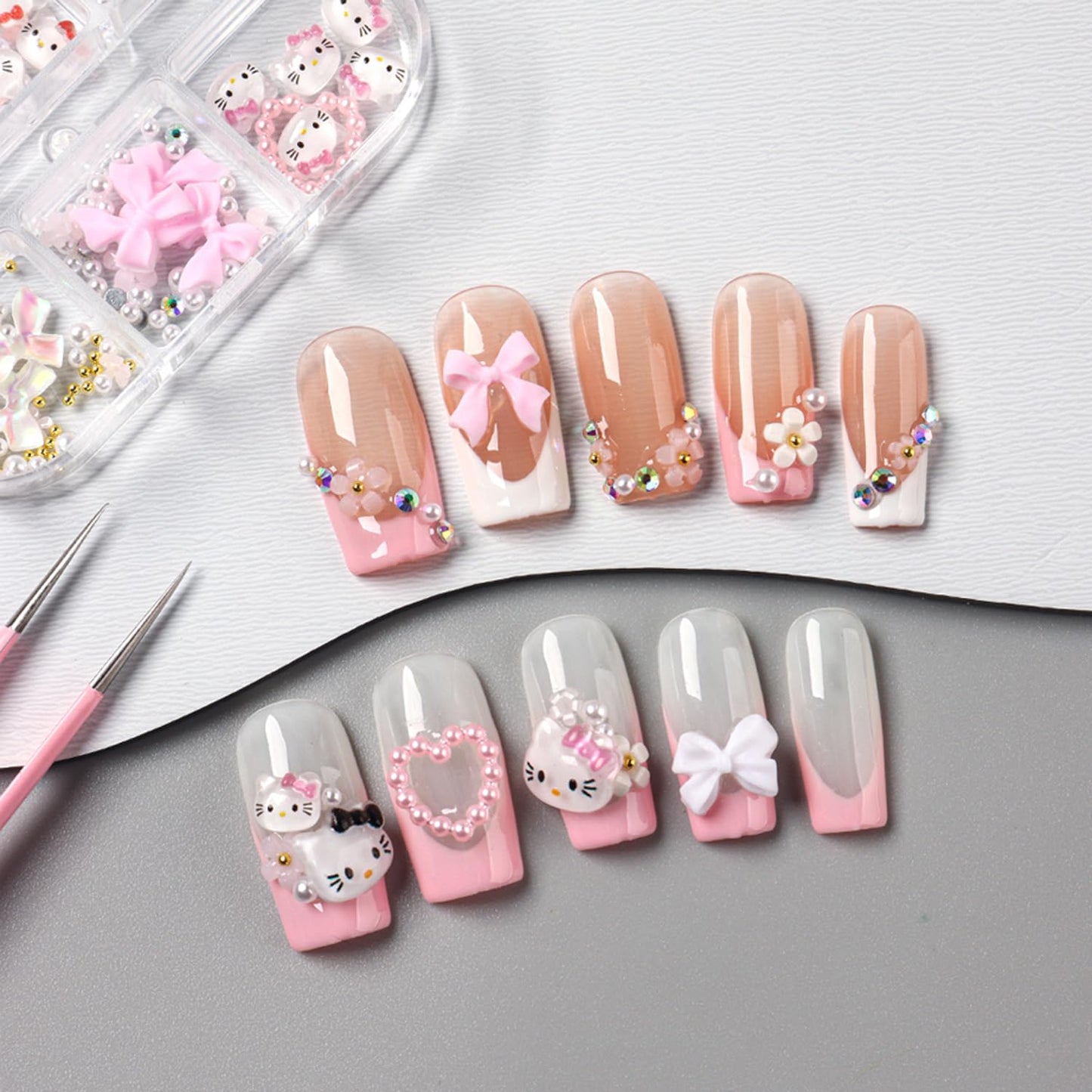 6Girds/Box Cartoon Nail Art Charms Set, 3D Cute Nail Rhinestones Charm Nail Bow and Heart 3D Flowers for Nails Design, Gems Pearls Nail Jewelry DIY Crafts Nail Art Accessories Manicure Tools