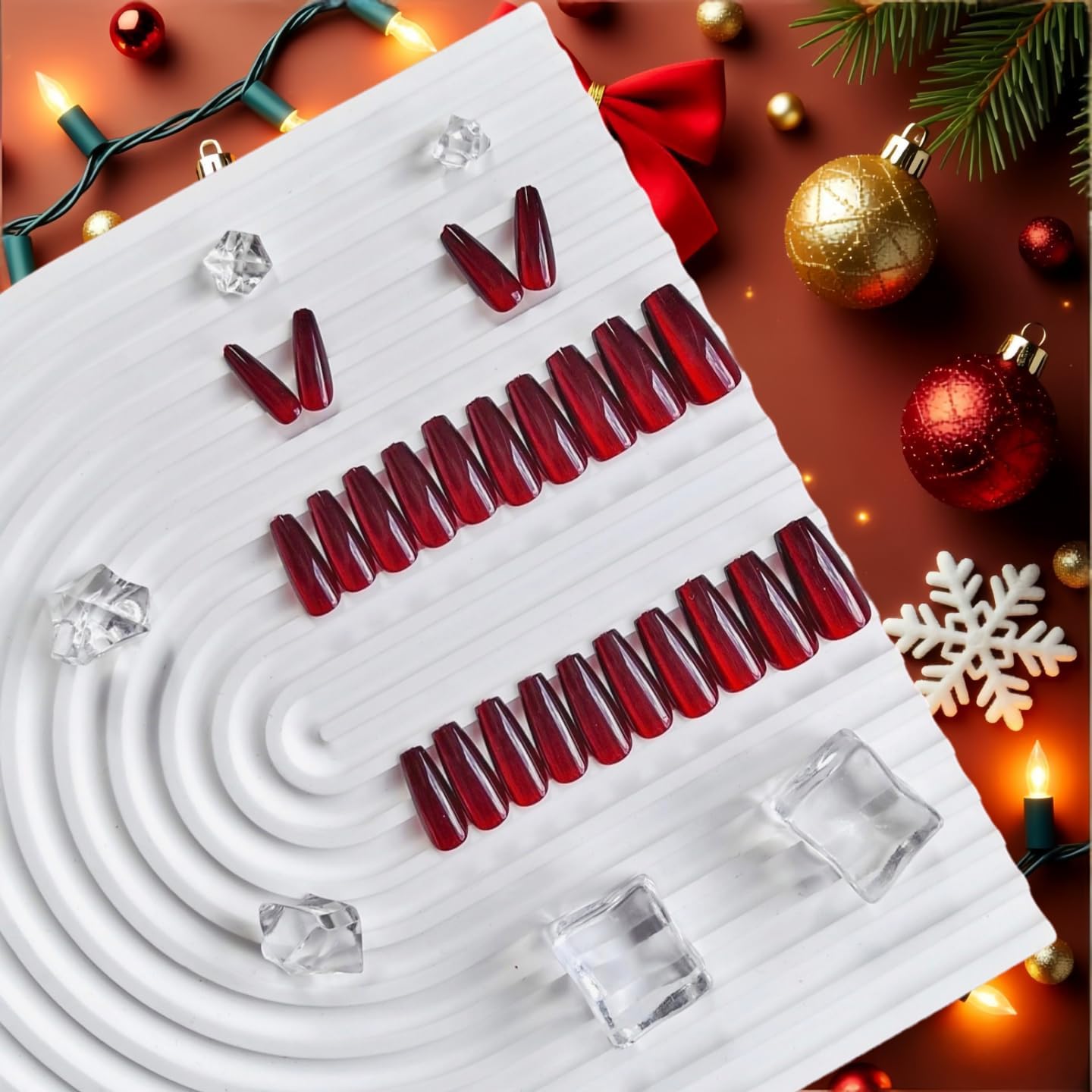 KQueenest Cat Eye Press on Nails Long Medium Square, Glitter Dark Red Fake Nails Press ons Coffin, Press on Acrylic Nails Bling Chrome Glue on Nails for Women Birthday Party Salon Manicure, 30 Pcs