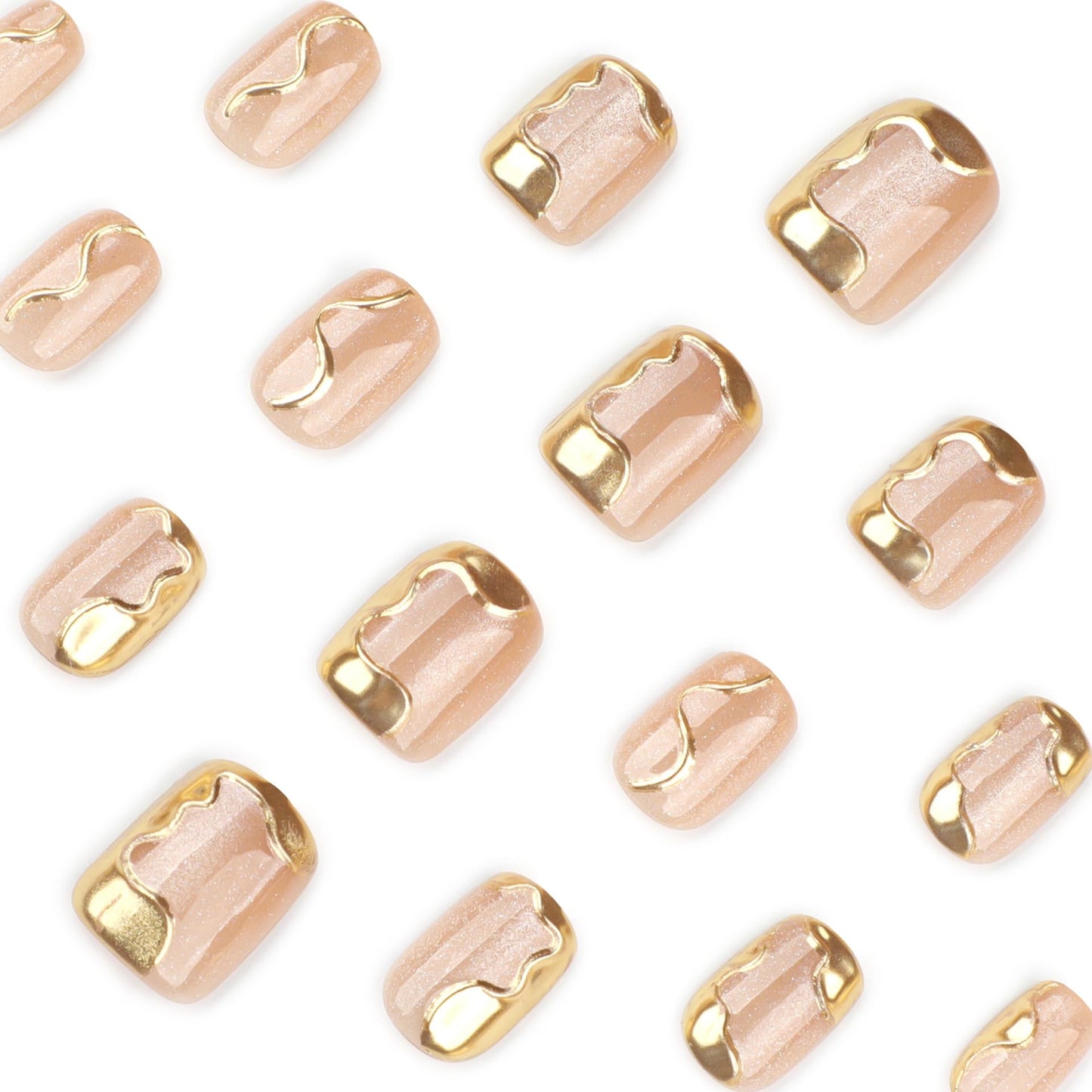 XZMeiLun Nude Cat Eye Press on Nails Short Square, Irregular Chrome Gold Line Glitter Acrylic Fake Nails, Salon Quality Reusable Magnetic Press Ons, Daily Wear Nail Kit Gift for Women Girls
