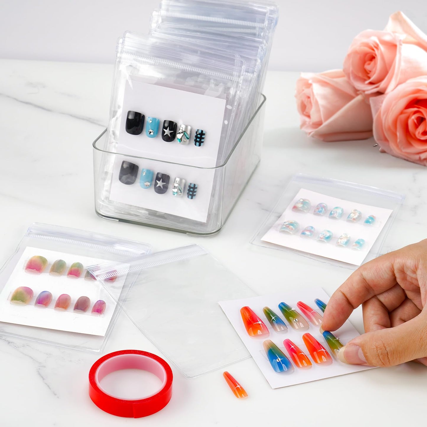 Aphlos Press On Nail Storage Set,30 PVC Ziplock Bags, 30 Nail Art Cards, a Roll of Transparent Double-Sided Tape and an Acrylic Storage Box