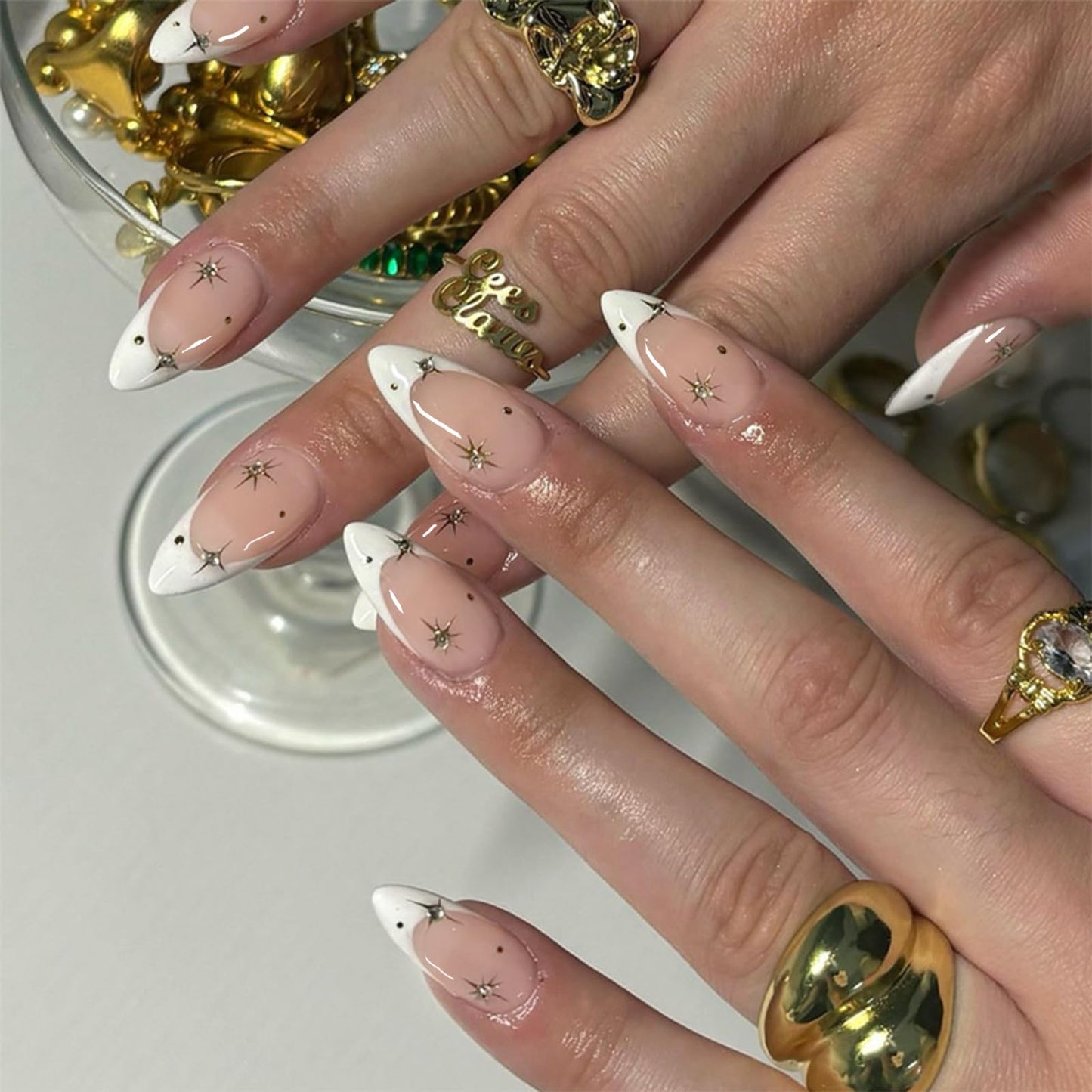 VOTACOS White French Tip Press on Nails Almond Medium Nude Acrylic Fake Nails Press Ons with Designs Golden Star Pot Rhinestone Glue on Nail for Women 24PCS Reusable Artificial Stick on False Nail