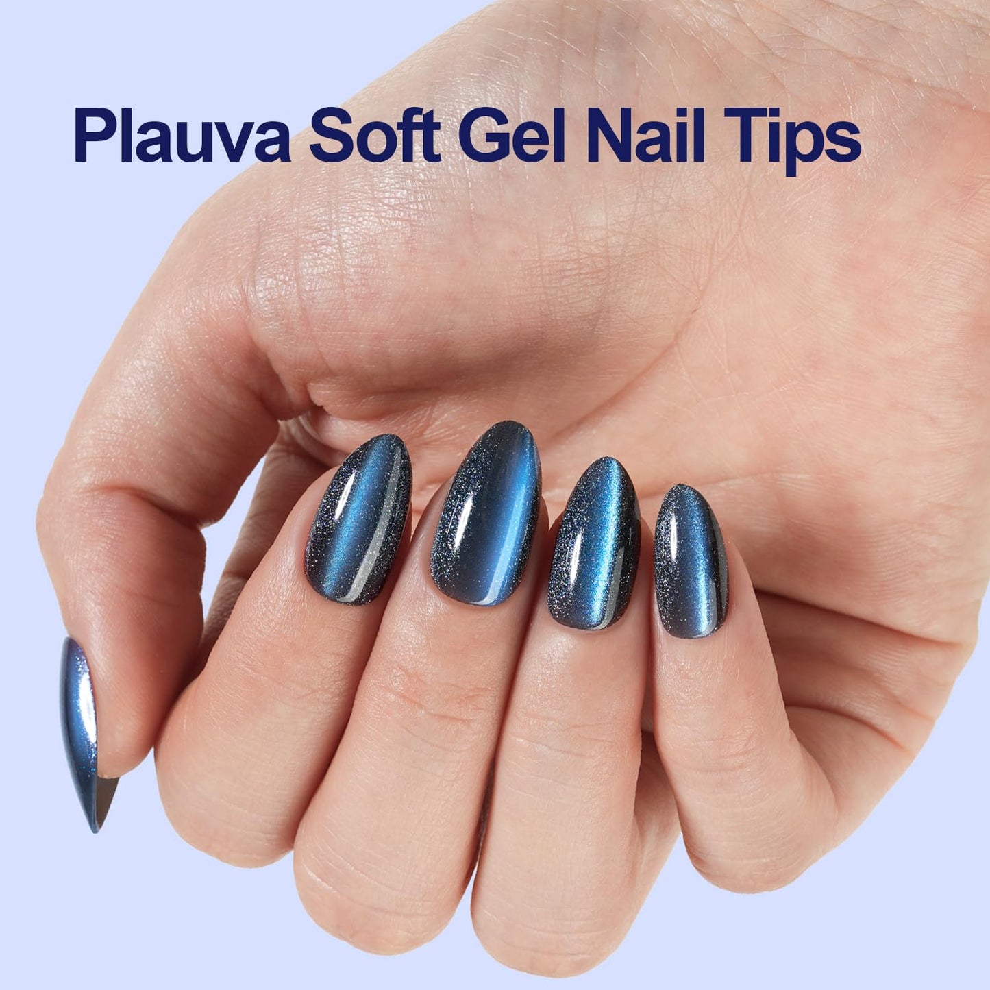 300Pcs Cat Eye Press on Nails Medium Almond, Plauva Soft Gel Fake Nails, Glossy Glitter Cat Eye Nail Tips for Women and Girls Stick On Nails in 15 Sizes