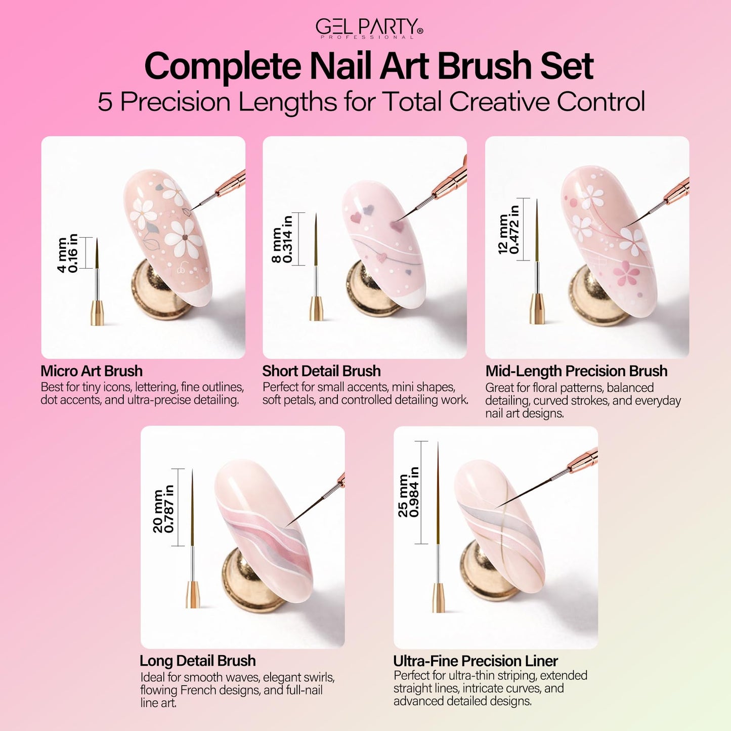 GELPARTY 7Pcs Light Pink Nail Art Brush Set - Professional Ultra-Fine Liner & Detail Brushes for Gel Polish & Acrylic Nails - Includes Turquoise Agate Palette & Holder - Manicure Tool Kit