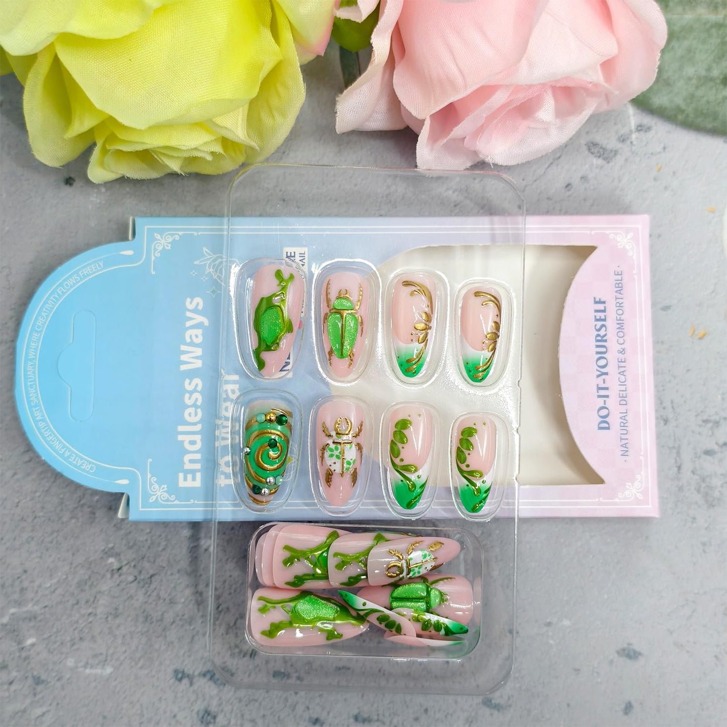 CJDLTS Pink Press on Nails Almond Shaped Artificial Acrylic French Gradient Fake Nails Green Golden Turtle with Metal Lines Long Design Glue on Nail Artificial Fingernails for Women Manicure 24Pcs