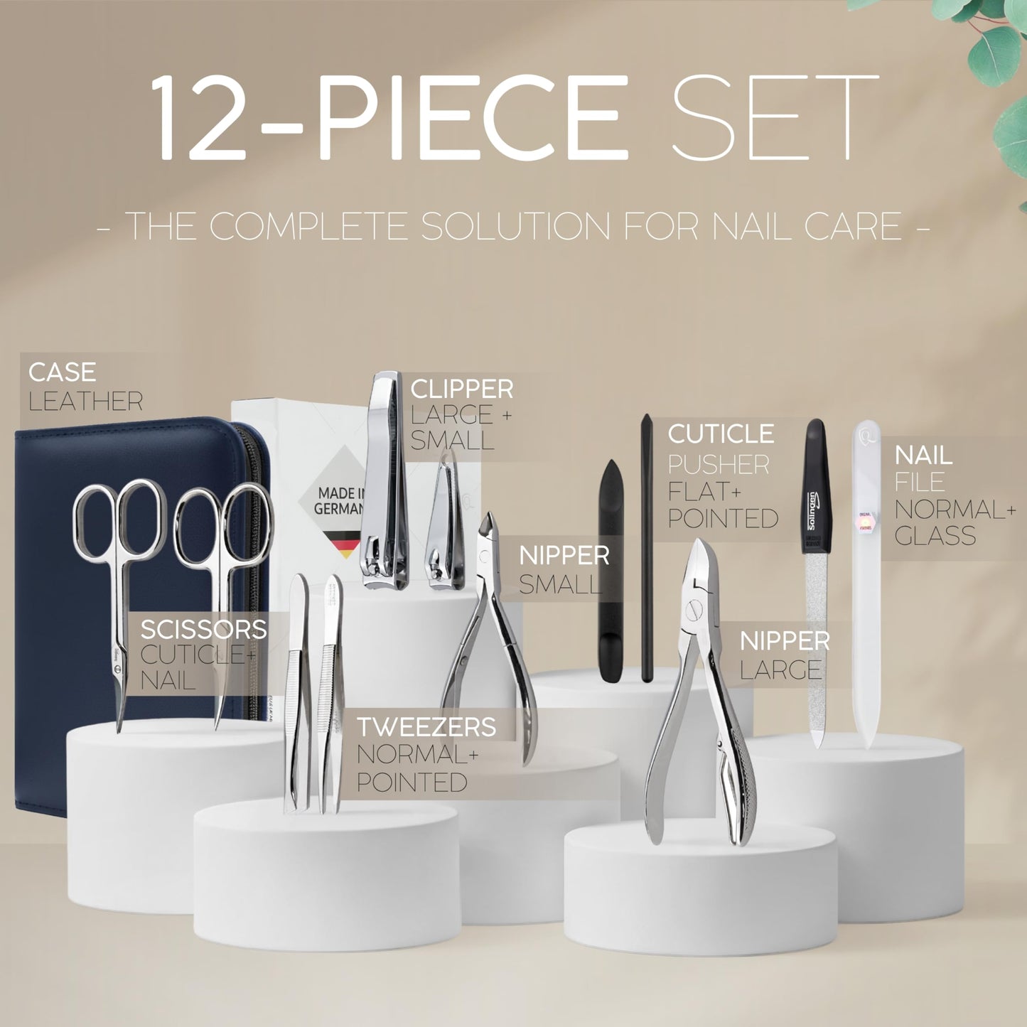 Manicure Set Women and Men – 12-Piece Professional Grooming Kit with Premium Tools, Genuine Leather Case, and exclusive Glass Nail File for Hand & Foot Care, German Quality