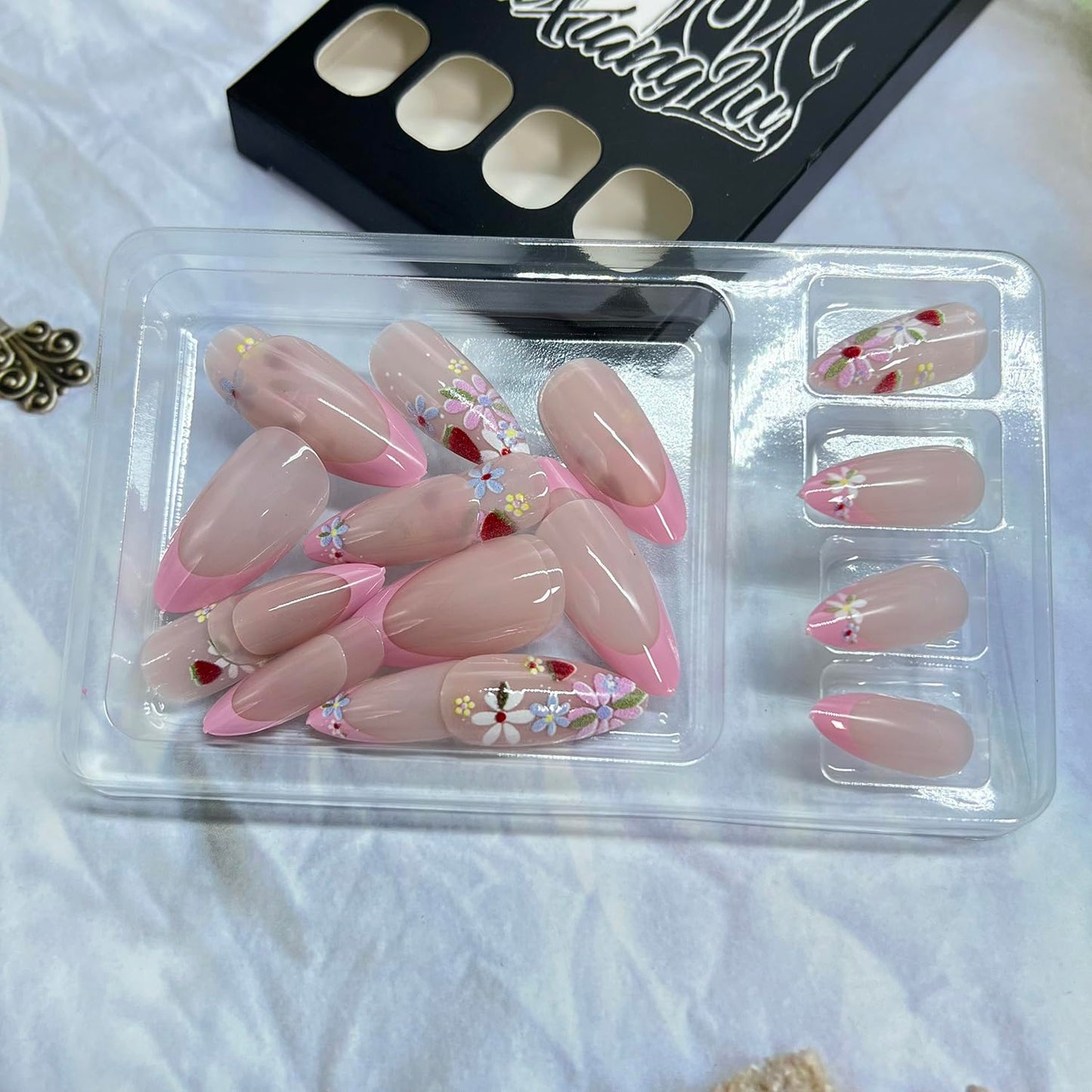 Press on Nails, Medium Almond, Pink French Tip, Colorful Floral Strawberry Design, Glossy Finish, Full Cover Stick on Nail, 24 Pcs