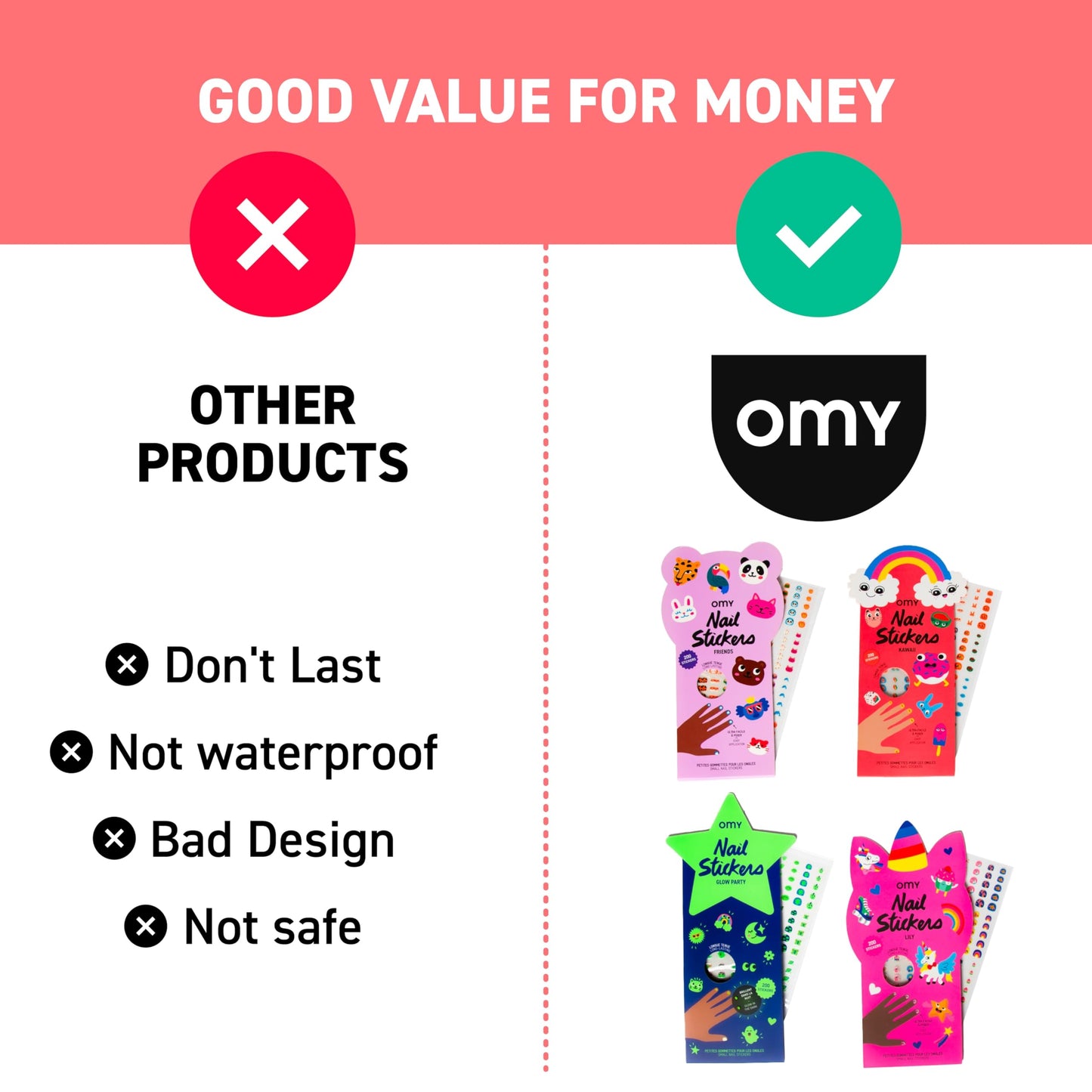 Omy Kawaii Nail Stickers for Kids - 200 Stickers, Waterproof, Durable, Fun, Creative Designs | Strong Enough to Last Through Hand Washing - Easy to Apply, Safe, Non-Toxic | Age 3 and Up
