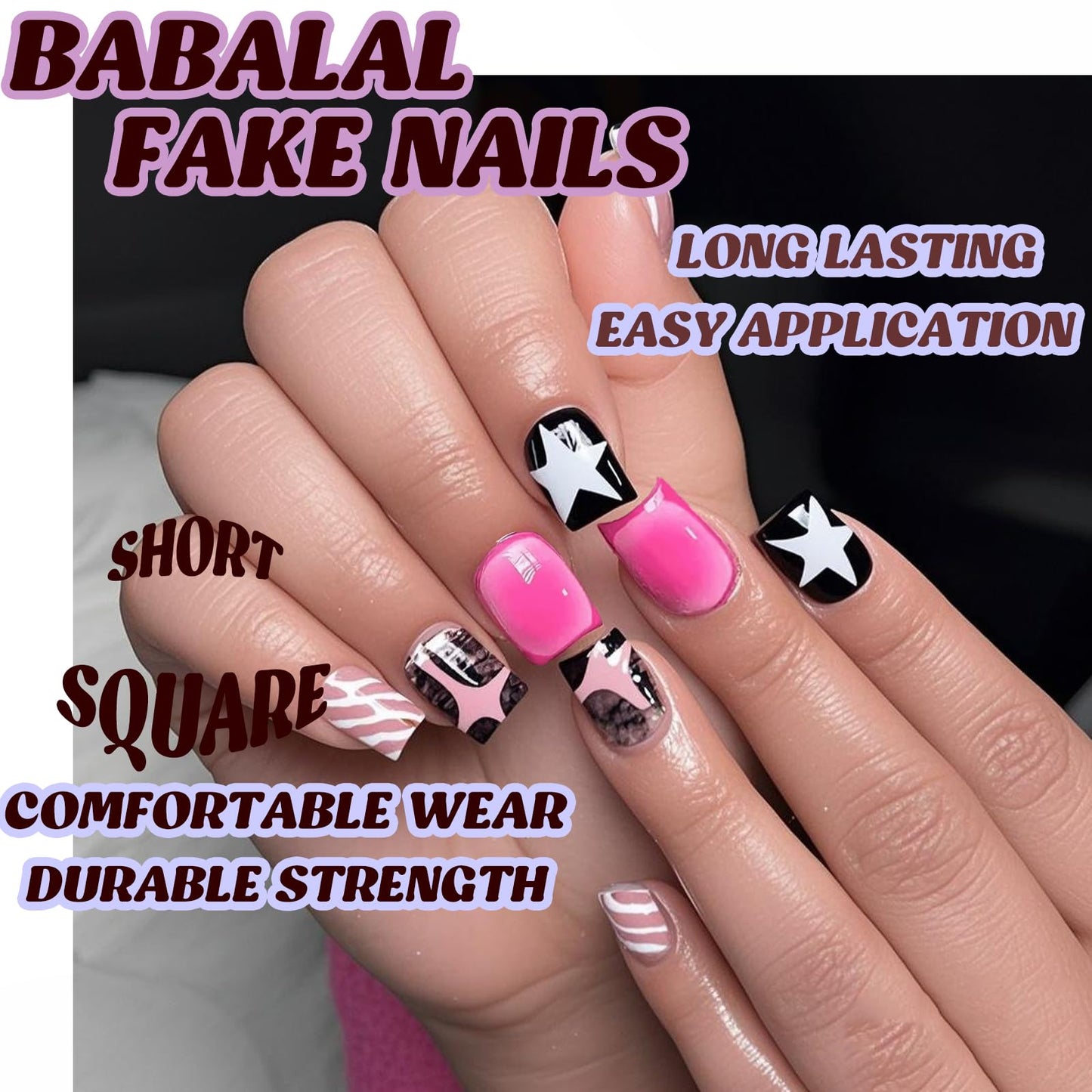 BABALAL Acrylic Press on Nails Short Square Fake Nails Pink Black Glue on French Tip Star Y2k False Nails with Design Press-ons 24Pcs Cute Squoval Artificial for Women Girls
