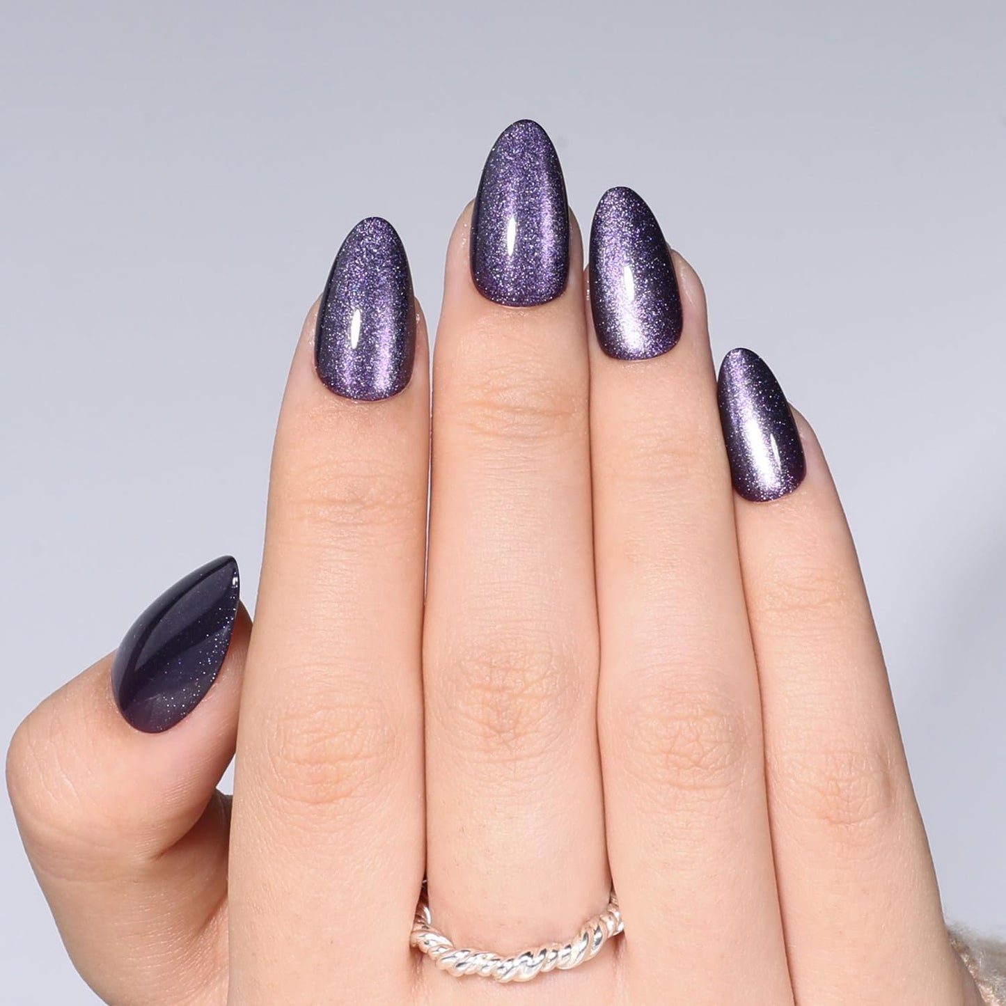 Purple Cat Eye Press On Nails Almond - Purple Short Almond Fake Nails, Short Cateye Press On Nails Reusable Stick On Nails in 16 Sizes, 32pcs False Nail Kit for Women & Girls(Violet Nocturne)