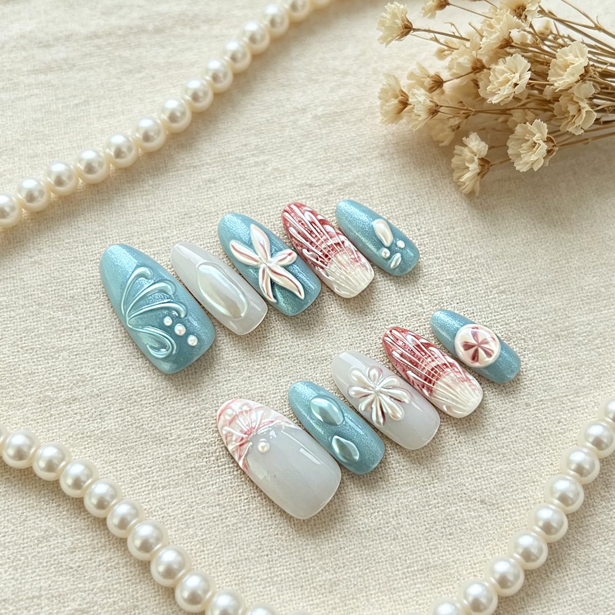 3D Press On Nails Almond Medium Light Blue Fake Nails with Cat's Eye Embossed Marine Life Summer Beach Designs, Acrylic Artificial Nail Press ons False Stick On Nails for Women Girls 30Pcs