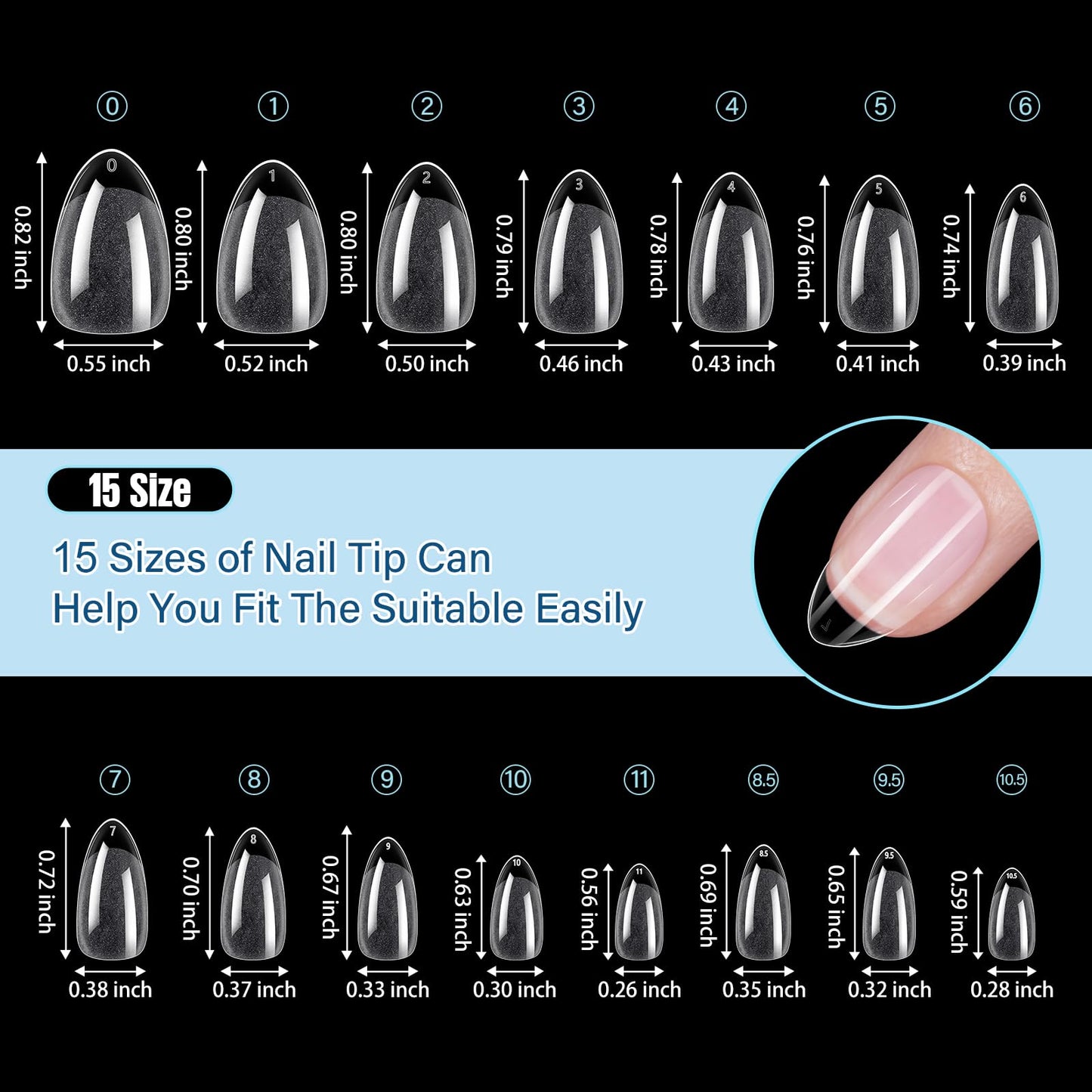 TOMICCA Short Almond Nail Tips 240Pcs 15 Sizes Short Nail Tips Full Cover Half Matte Pre-shaped Wide Nail Bed Clear Gel Nail Extension Tips for Beginners Professionals DIY Home Salon Wedding