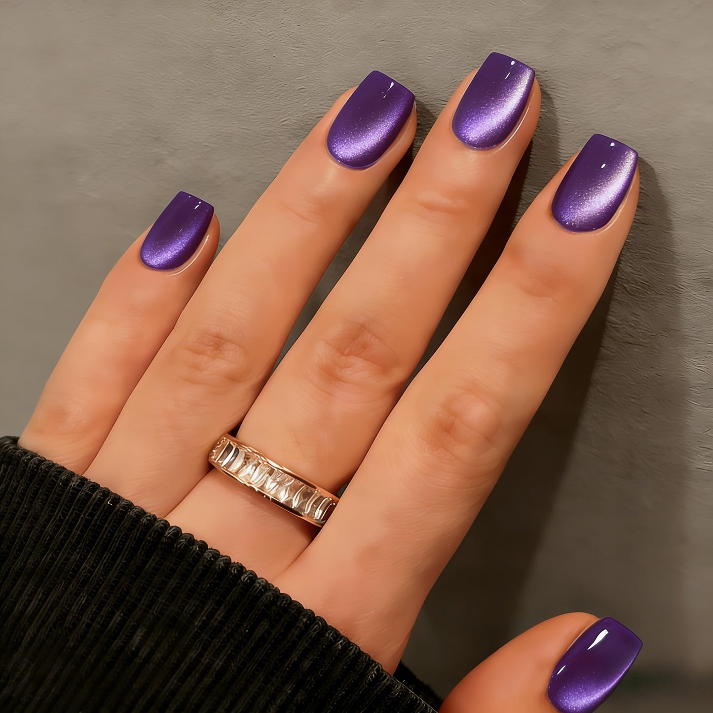 KQueenest Cat Eye Press On Nails Short - Dark Purple Press On Nails Square, 30 Pcs 15 Sizes Sparkly Glitter Fake Nails Press ons, Thick Quality, Reusable Small Glue on Nail for Women Summer