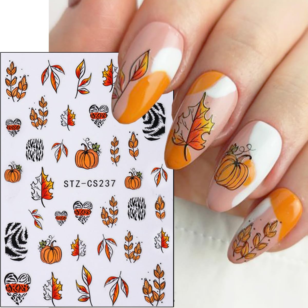 6 Sheets Fall Nail Art Stickers Thanksgiving Day Nails Decals 3D Self Adhesive Maple Leaf Nail Stickers Cute Fox Pumpkin Maple Leaves Design Fall Nails Supplies for Women Autumn DIY Manicure Decor