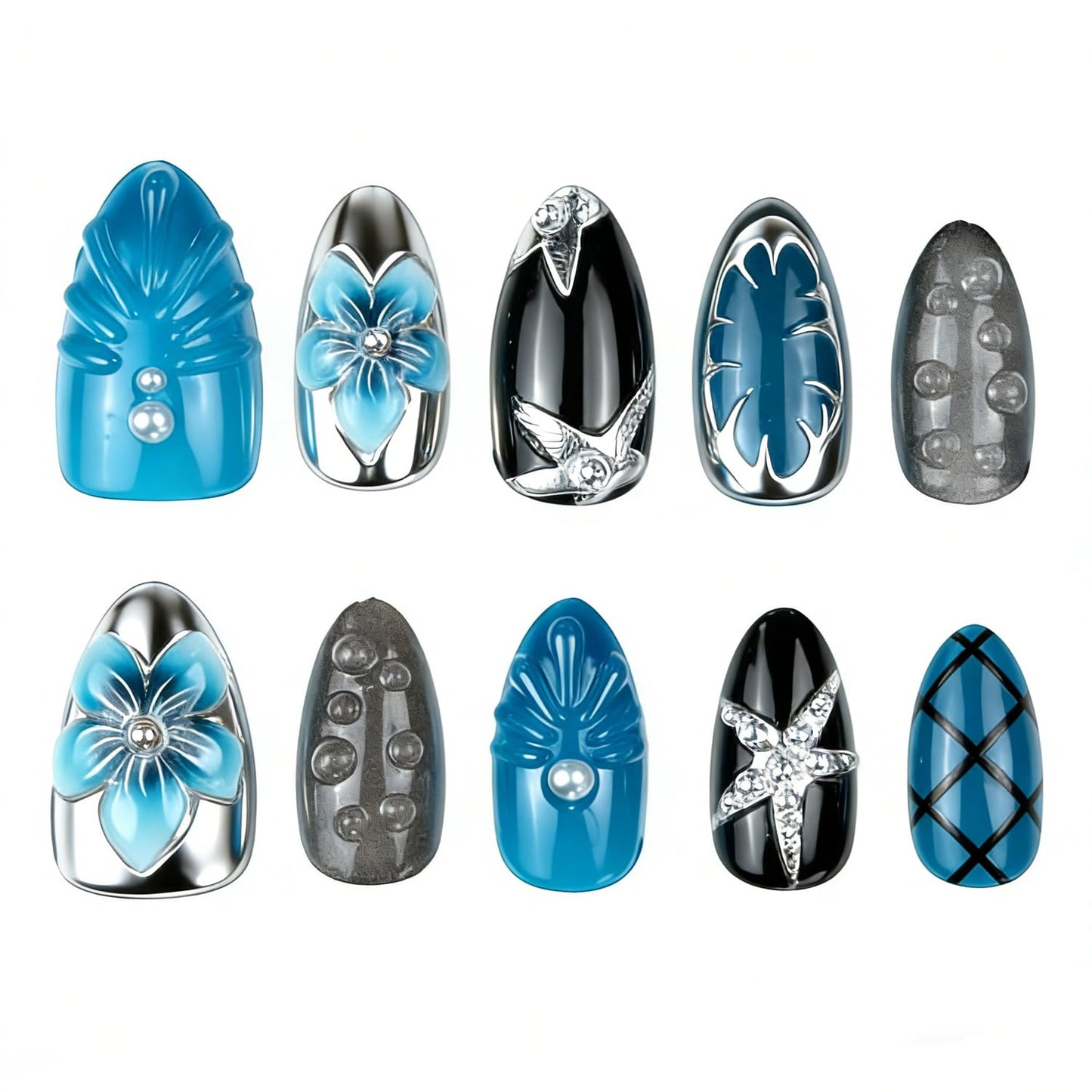 30Pcs Blue Flower Press on Nails Kit Medium Almond Fake Nails 3D Floral Handmade Rhinestone & Silver Star Irregular Design French Full Cover Acrylic Nail Tip Y2K Cute Stick on False Nail for Women