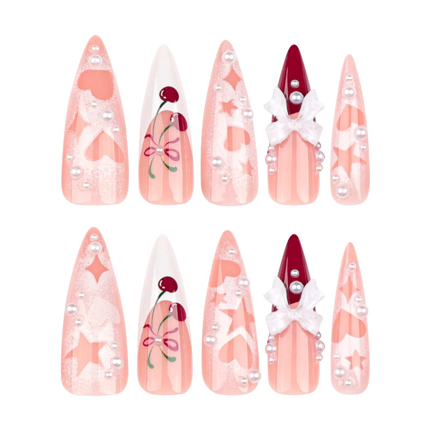Long Press Stiletto Pink False French Tip Acrylic Nails with 3D Bow Cherry Design Glue on Heart Star Full Cover Stick on Nails for Women Manicure 24Pcs