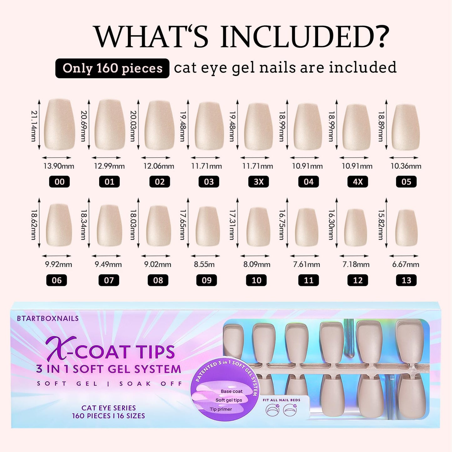 BTArtboxnails Cat Eye XCOATTIPS - Soft Gel Coffin Nail Tips, Glitter Press On Nails Short, Soak Off Acrylic Fake Nails Glue On Nails In 16 Sizes - 160 Nail Extension Set, Aurora