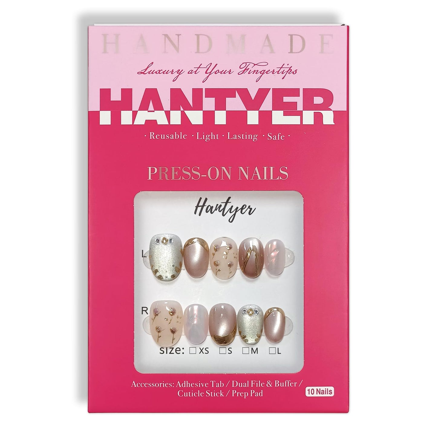 Hantyer Soft Glam Pink Cat Eye Press on Nails with Hand-Painted Tulips, Rhinestones & Gold Lines - Short Oval Glossy Fake Nails, Reusable Elegant False Nails for Women Fall Winter Party Date, Size M