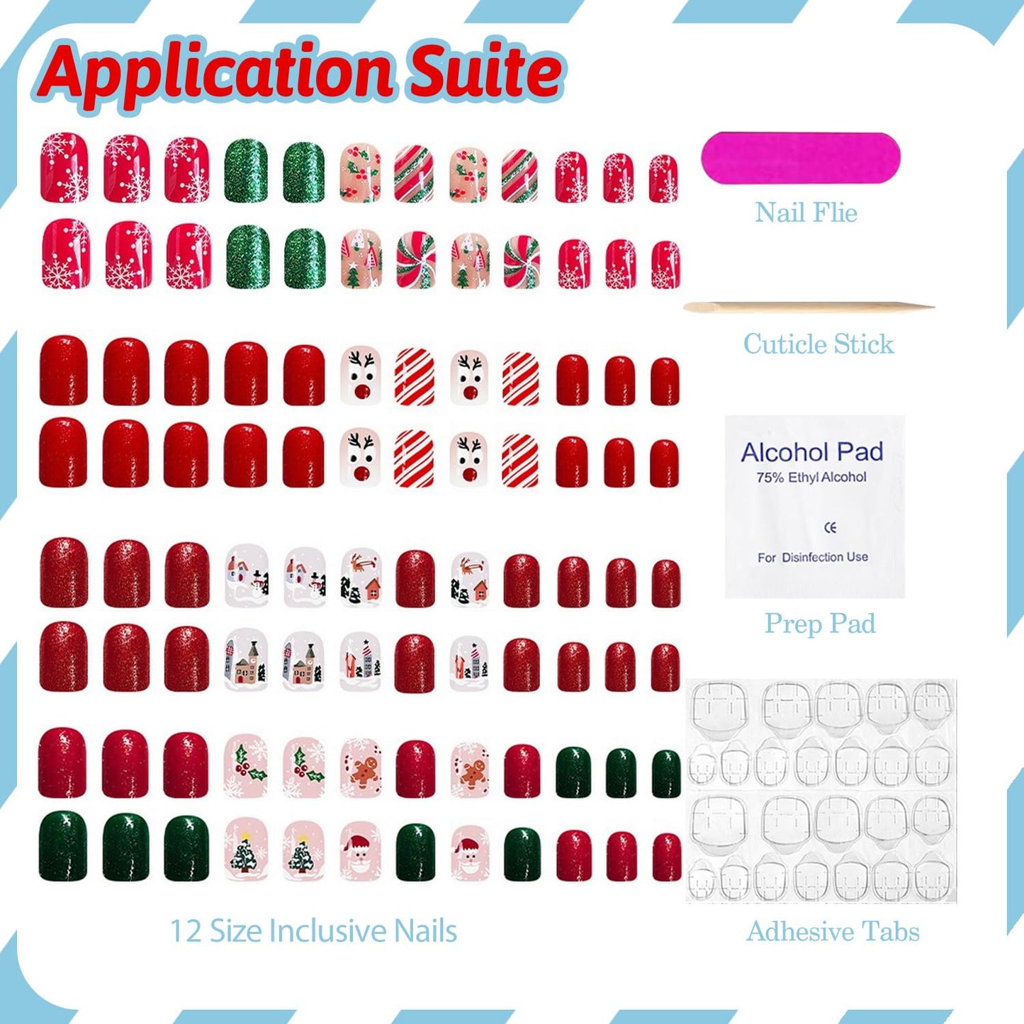 Christmas Press on Nails Kit 96 Pcs Short Square Fake Nails 4 Style Cute False Nails with Reindeer Snowflake Xmas Tree Glitter Designs Red Glossy Glue on Nail Winter Acrylic Nails for Women Girls
