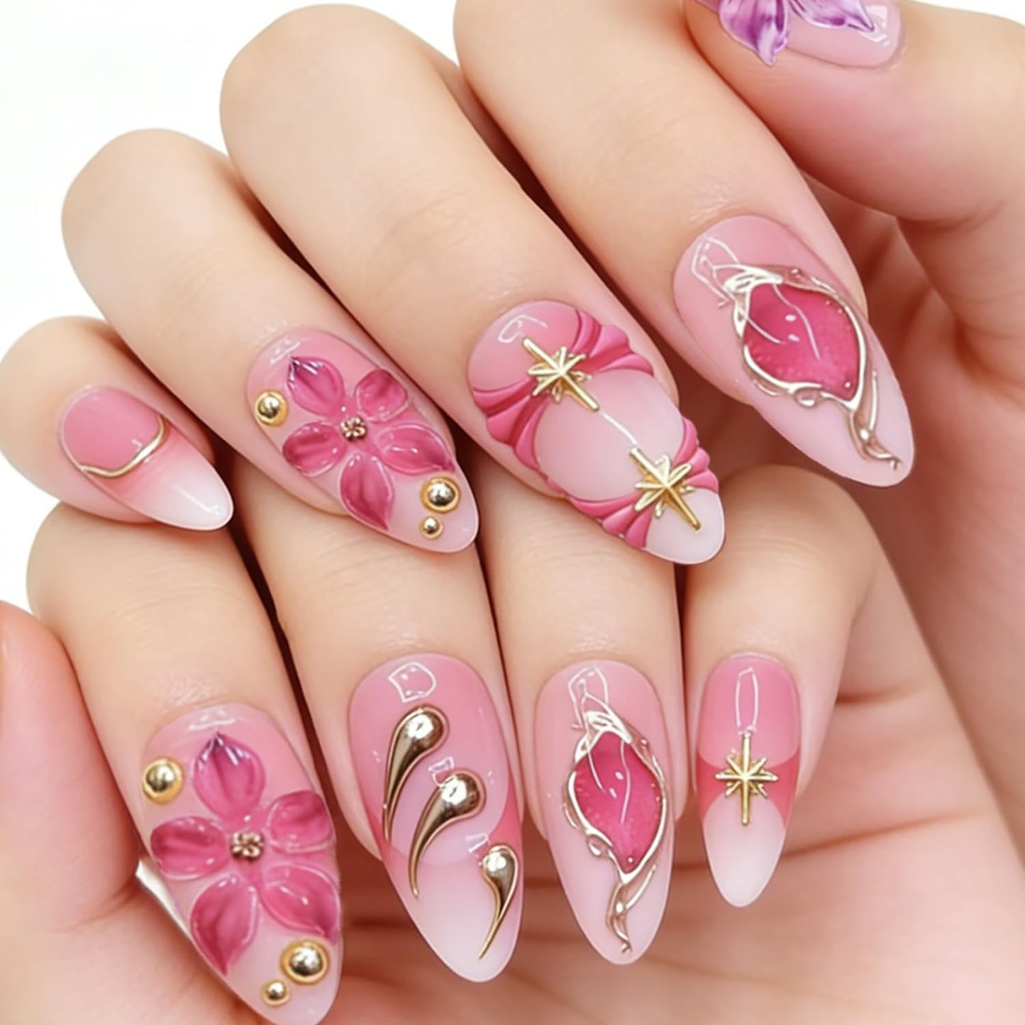 24Pcs Flower Press on Nails Medium Almond Fake Nails with Gold Beads Star Designs Full Cover Pink Acrylic Nails 3D Floral False Nail Set Pink Purple Floral Stick on Nails for Women Nail Supplies