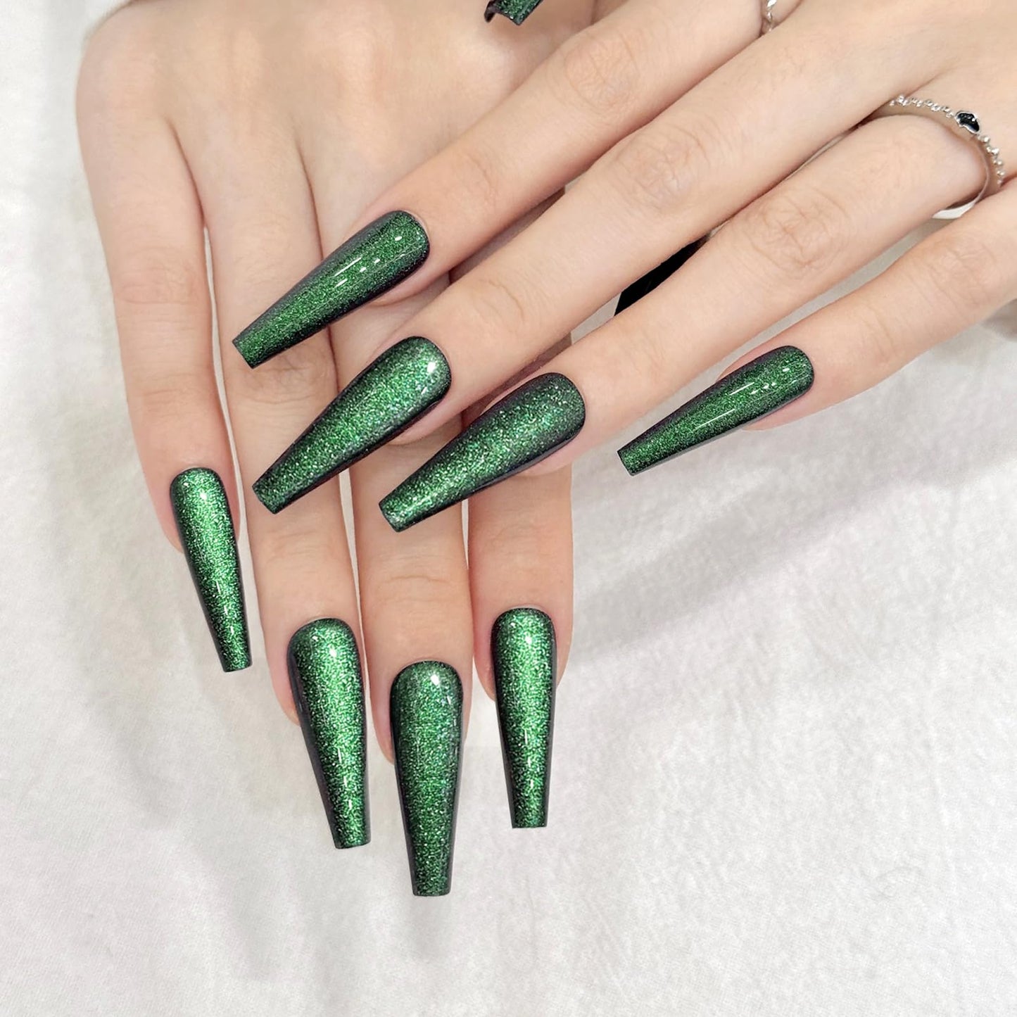 Dark Green Cat Eyes Press On Nails,12 Sizes - 24 Pcs Soft Gel Green Long Coffin Fake Nails Kit with Nail Glue, Natural Reusable Stick On False Nails for Women and Girls SK1042