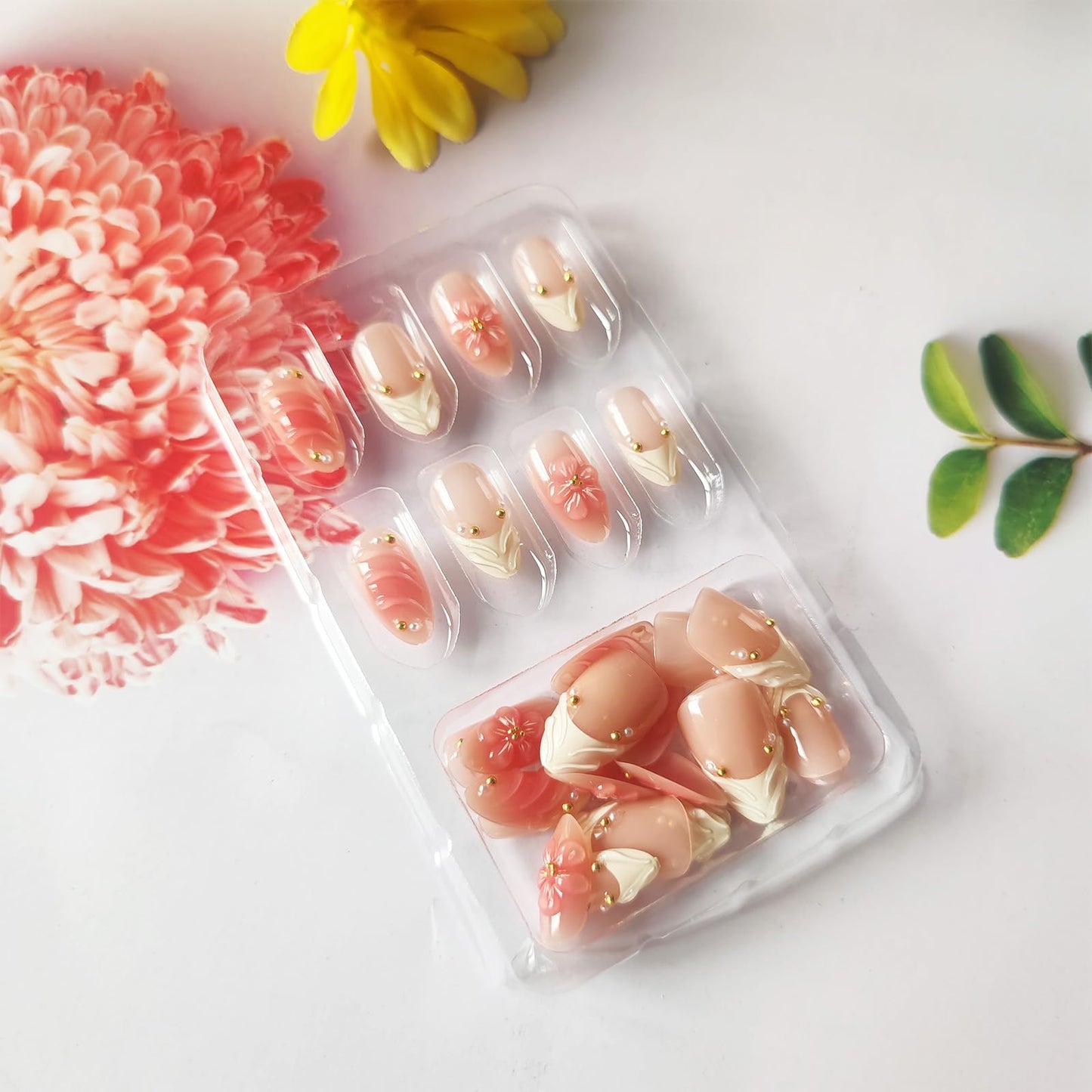 3D Flower Medium Almond False Nails HZJXRT Press on Nails 24 Pcs Curve Line Acrylic Fake Nail Blush Gradient Gel Glue on Nail Glossy White French Tips Stick on Fingernail for Coquette Women Gift