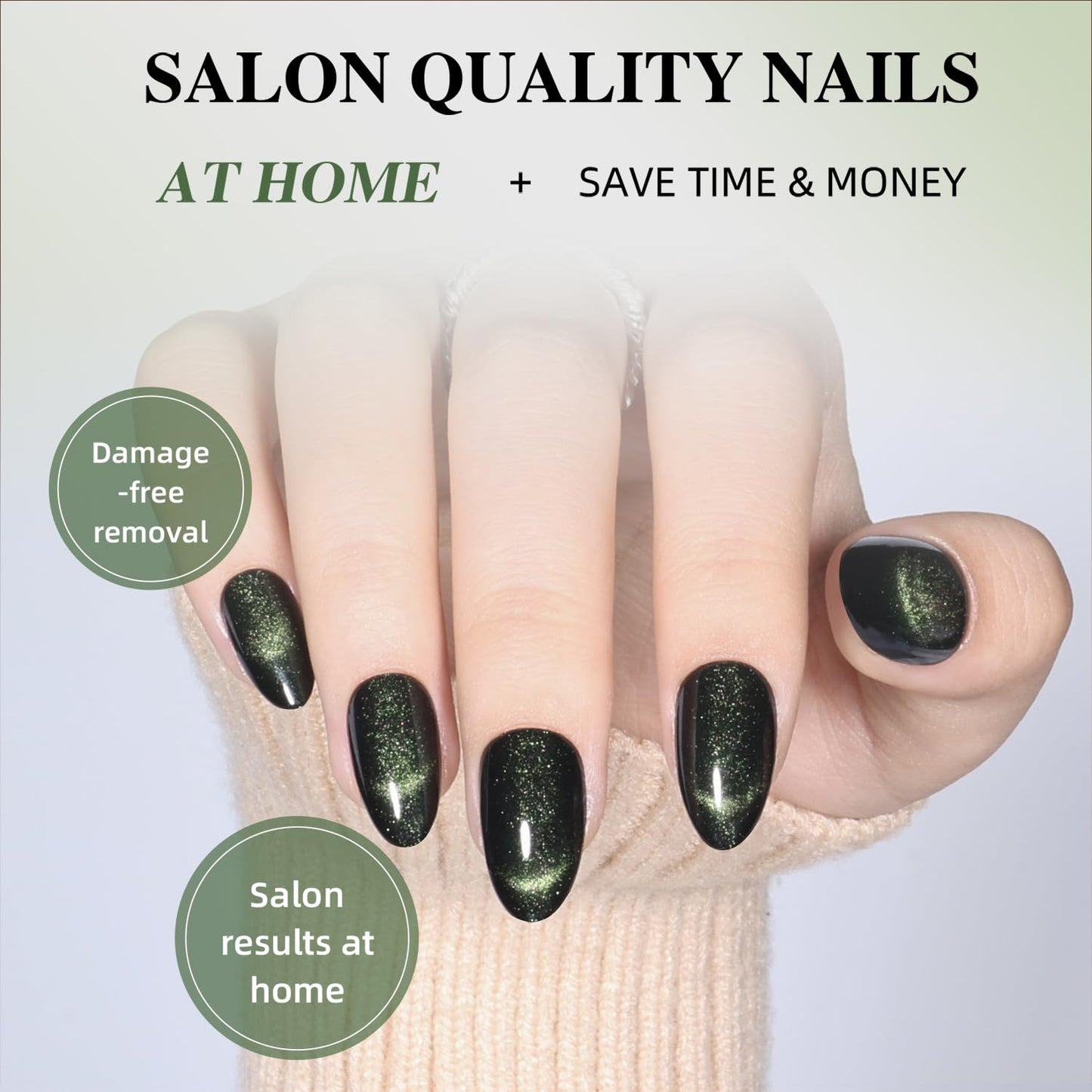 WiniBeauty Cat Eye French Tip Press On Nails Almond - Green Short Almond Fake Nails, Dark Green Cateye Press On Nails Reusable Stick On Nails in 16 Sizes 32pcs False Nail Kit for Women(Luminous Dark)
