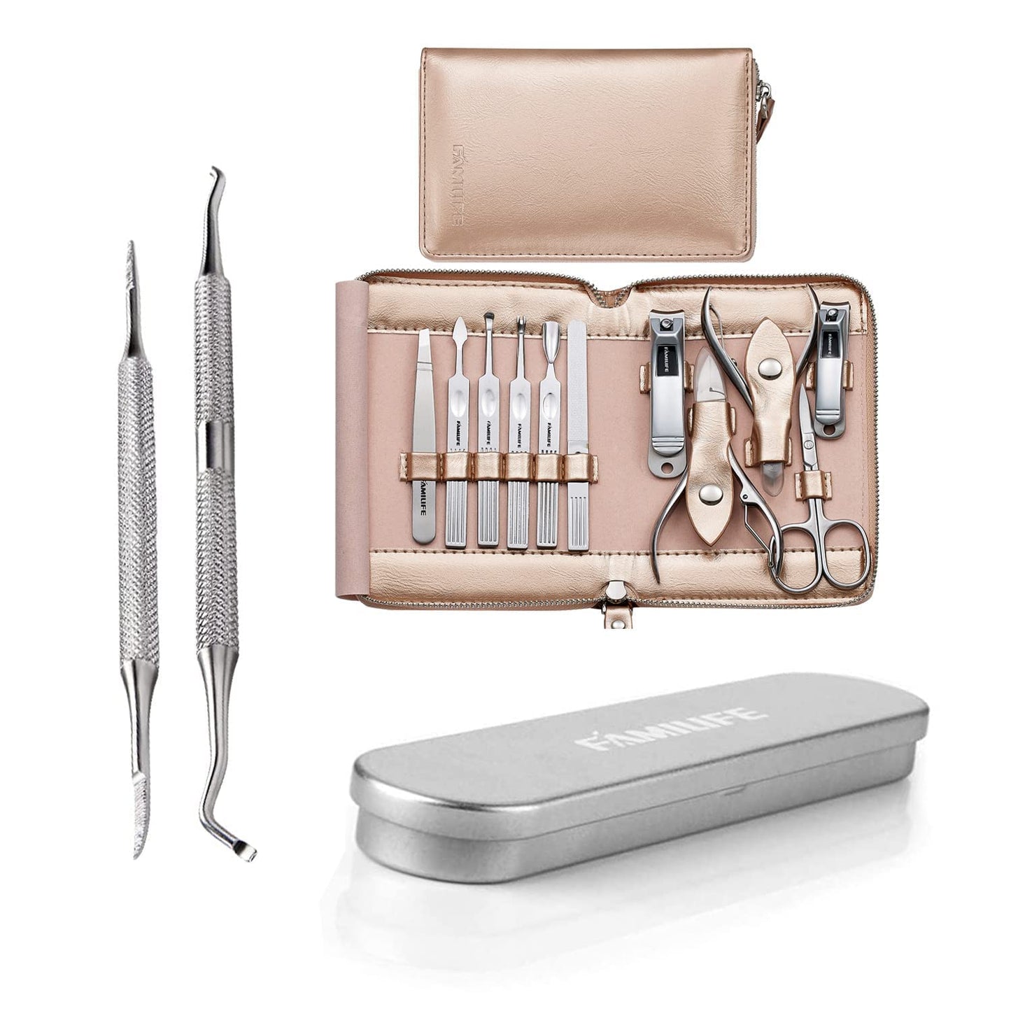 FAMILIFE Manicure Set Professional Manicure Kit 11 in 1 Christmas Gift for Women and Men Nail Kit and L07 100% Stainless Steel Ingrown Toenail File and Lifter Double Sided