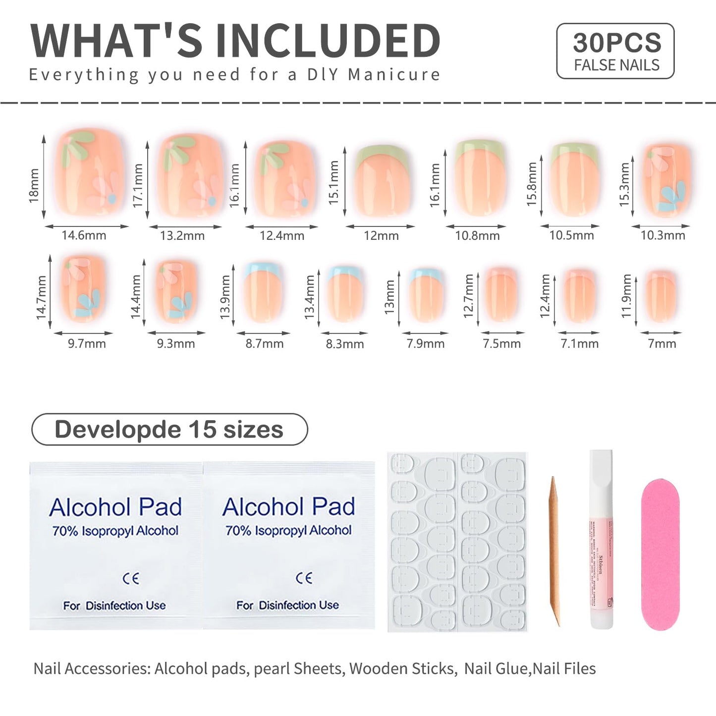 Stbisen French Pink Press on Nails Short Square, Summer Fake Nails with Cute Blossom Pink Designs, Glossy Gel Finish FalseNails, Thick Natural Reusable Glue on Nails for Women, 30Pcs, Floral Blush