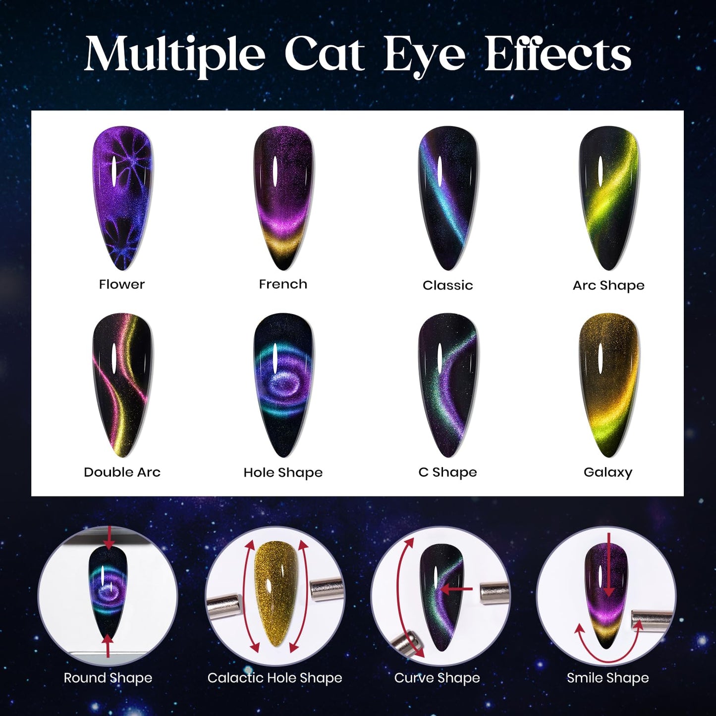 MIZHSE 8 Colors 9D Cat Eye Gel Nail Polish, Magnetic Gel Polish Kit with Magnet Stick, Galaxy Glitter Chameleon Effect Silk Velvet Cat Eye Nail Polish Soak Off Nail Art Design Ladies Gift