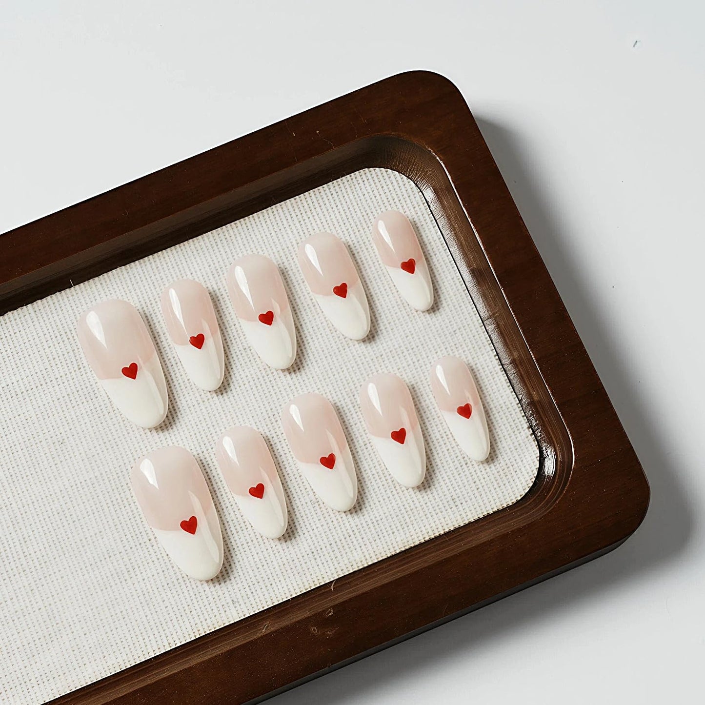 Tesytto Red Heart Press on Nails Medium Almond - Handmade Classic White French Tip, Creamy Nude Glossy Reusable False Nails (Creamy Heart French,M)