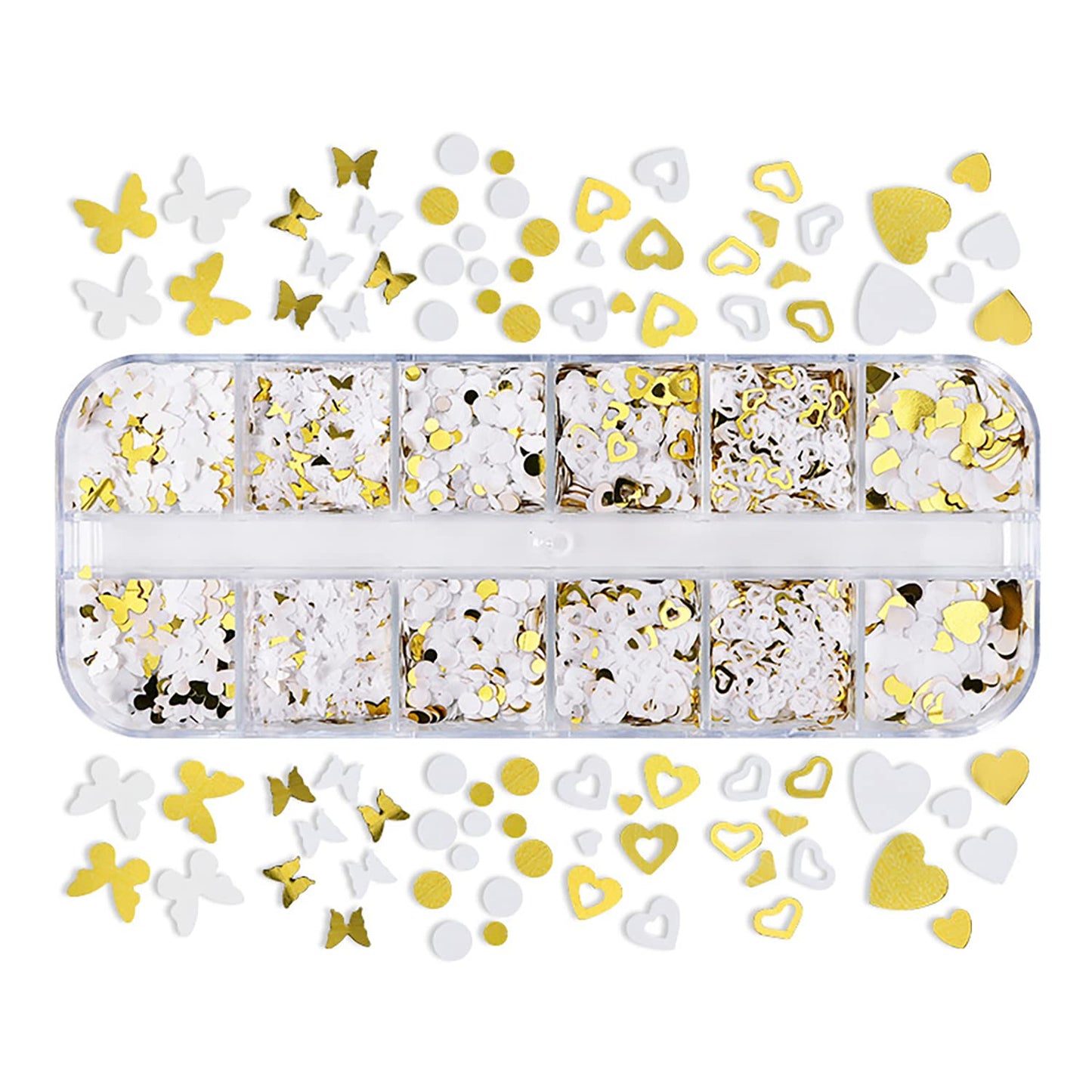 Gold Glitter Sequins, Holographic 3D Love Heart Butterfly Circle Glitter Flakes, Sparkly Gold White Nail Designs Set for DIY Shiny Nails Crafts