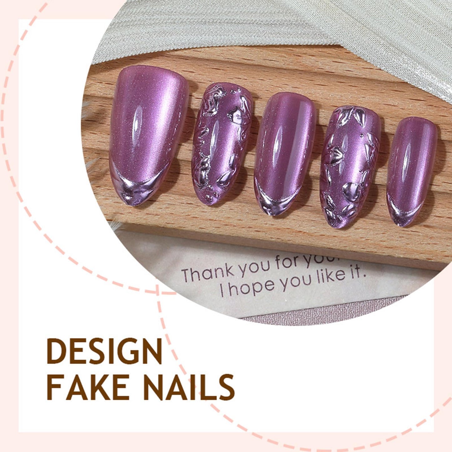 Rose Flower Press on Nails with 3D Design Floral False Nails Glossy Purple French Tips Medium Almond Fake Nail Leaf Stick on Nail Sparkly Glitter Glue on Artificial Fingernails for Women Daily Wear