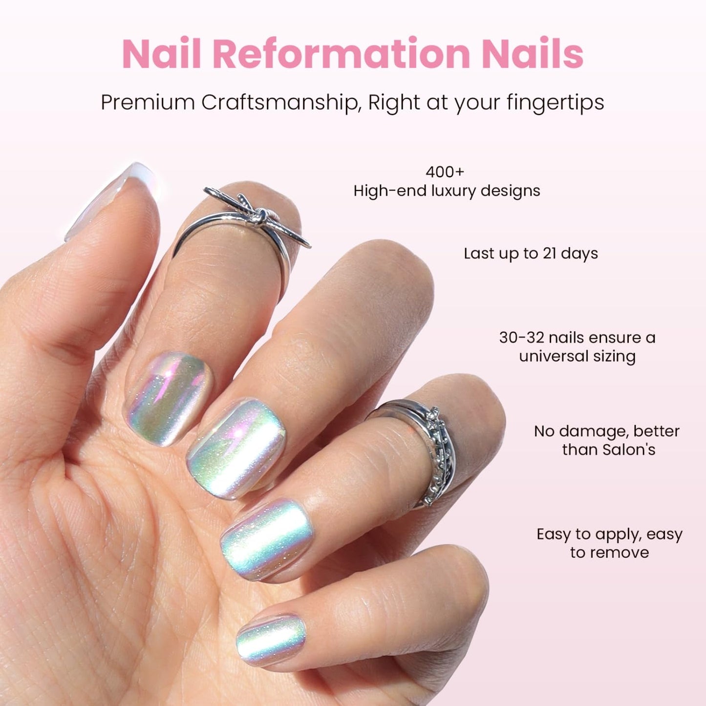 Nail Reformation Press On Nails, Hologlam | Glossy Aurora Cat Eye Velvet Short Square Fake Nails with Iridescent Glaze Finish, Reusable Stick On False Nails in 15 Sizes - 30 Nail Kit, Gifts for Women