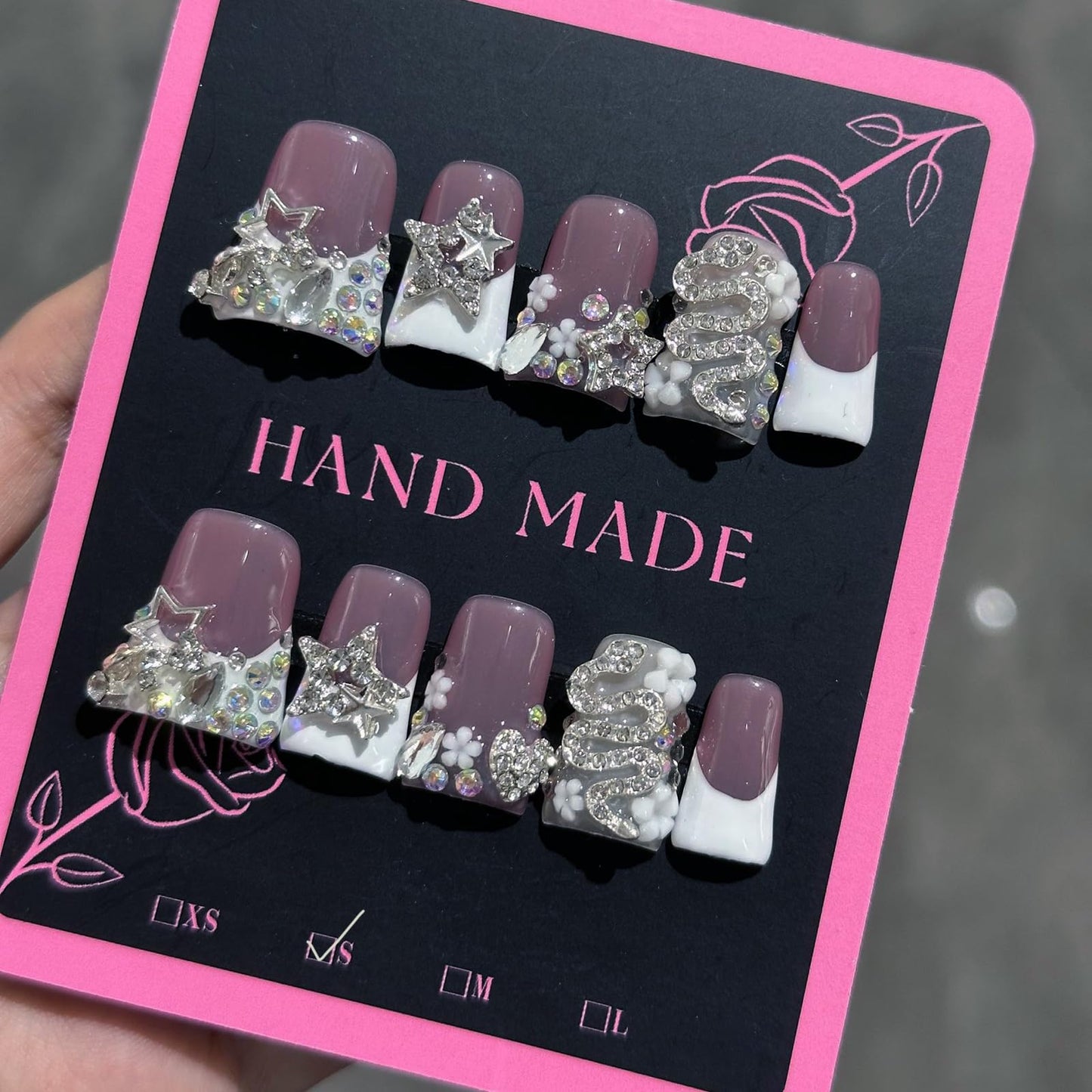 10Pcs Handmade Duck Press on Nails French Tip Fake Nails with 3D Star Rhinestone Design Reusable Acrylic False Nail Handmade Duck Nails Press ons Full Cover Artificial Stick on Nails for Women (S)