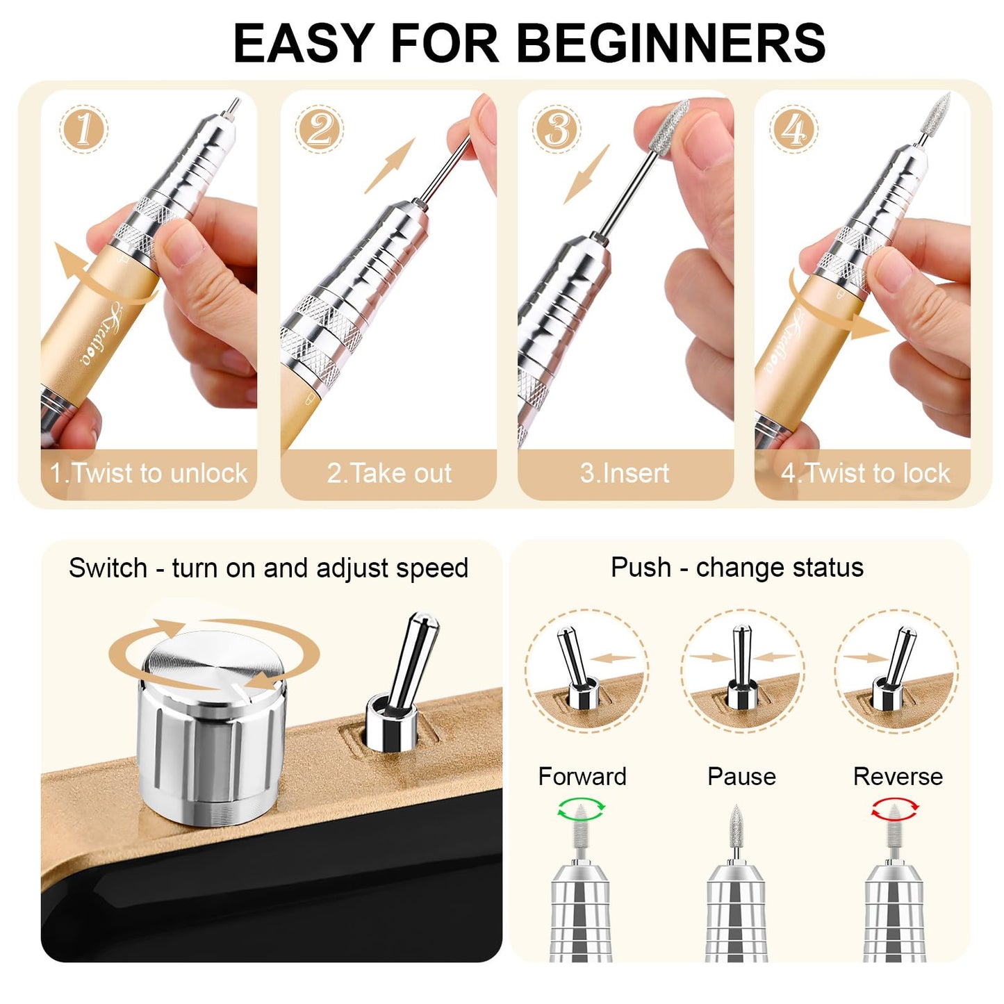 Kredioo Portable Nail Drill 35000 RPM, Rechargeable Electric Nail File E File Kit with Storage Bag Professional Manicure Kit for Nail Lovers Salon Home DIY -Gold