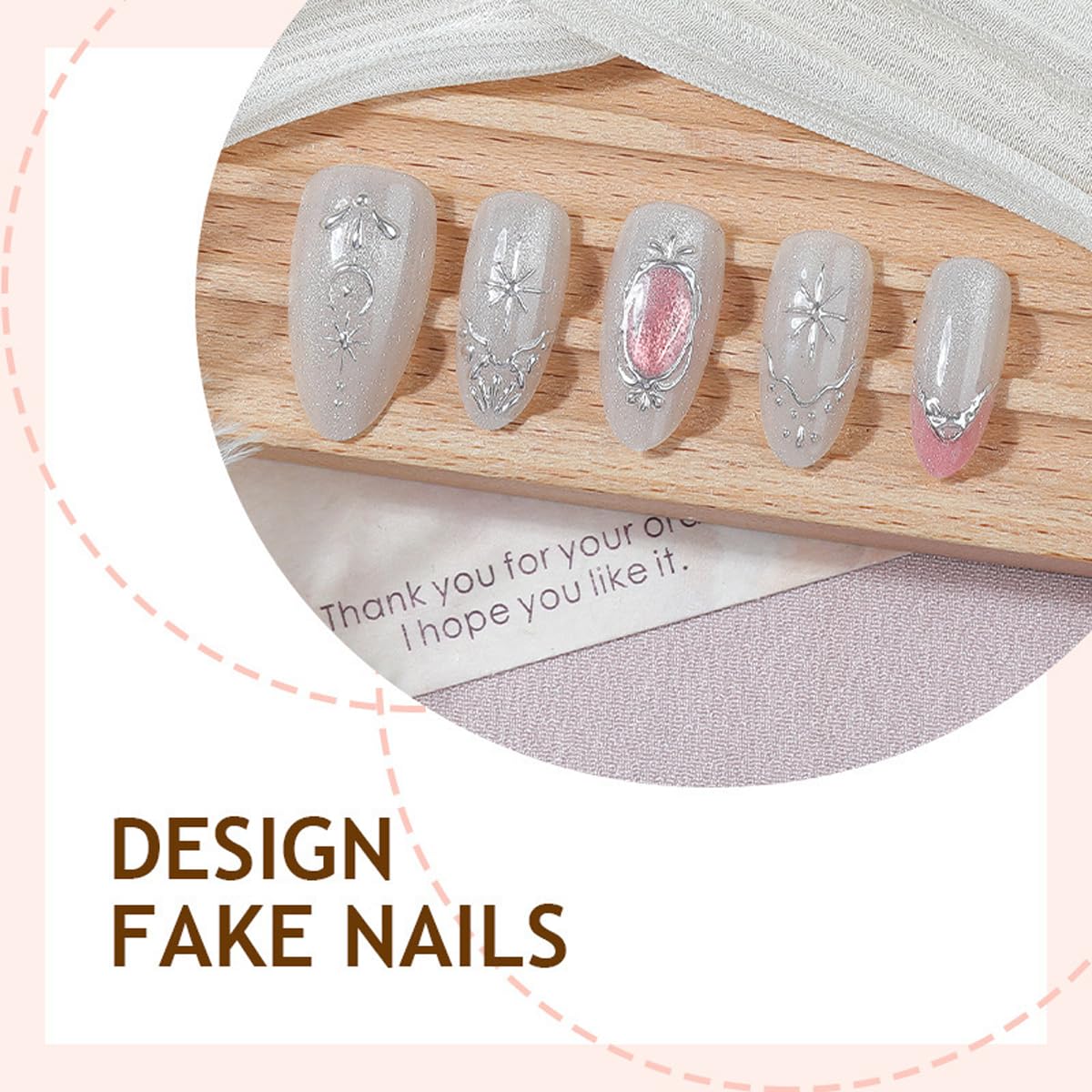 Medium Almond Press on Nails - Cat Eye Fake Nails with 3D Silver Charms Designs Glitter False Nails French tip Glue on Nails Reusable Full Cover Stick on Nails for Women Manicure 24Pcs