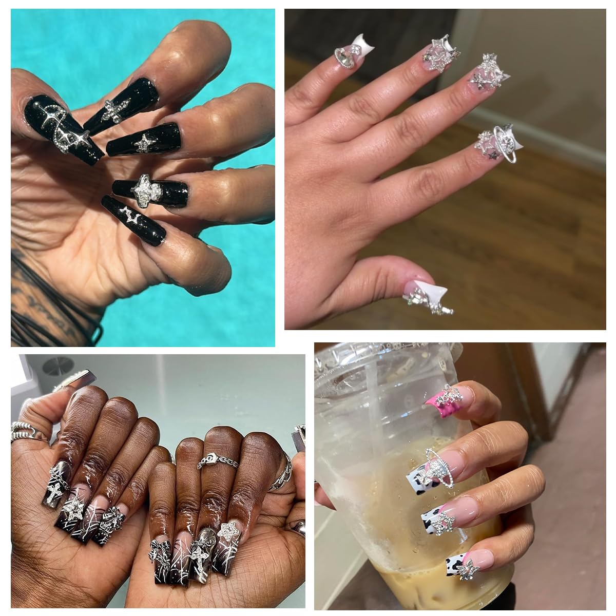 120+ Pcs Star Nail Charms Inlaid Rhinestones Gems, Silver Star Planet Cross Nail Art Decorations Shiny Jewelry for Acrylic Nail Accessories for Women Girl Manicure DlY Crafts Supplies