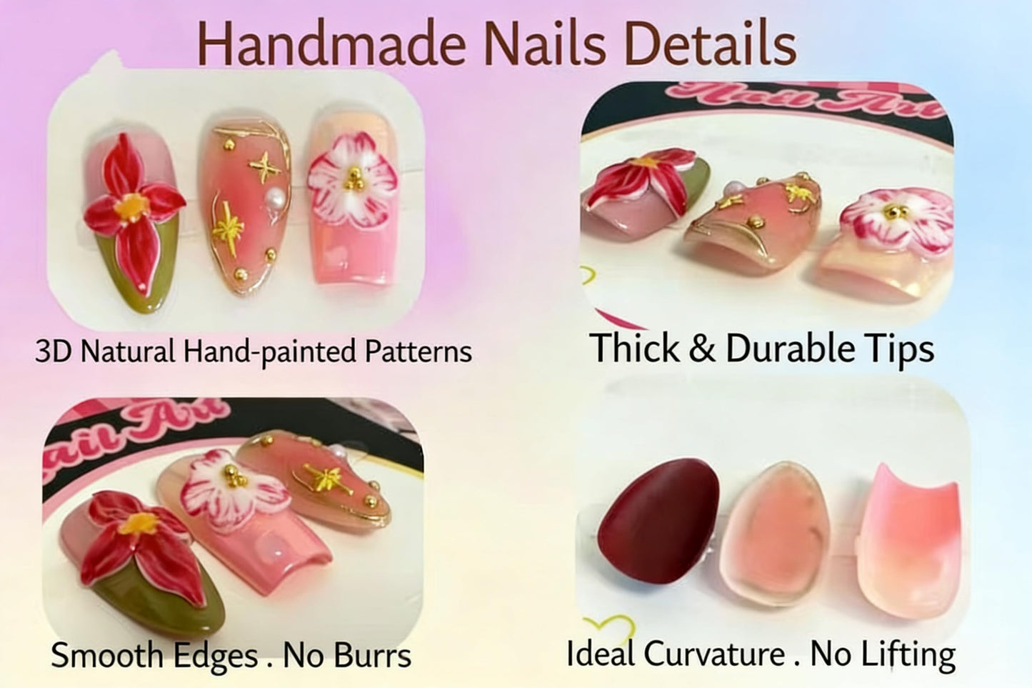 Haozerart Luxury Handmade Press On Nails, Medium Almond French Fake Nails with Rhinestones Floral Designs, Reusable Salon Quality Nails for Women (M Size, 10Pcs)
