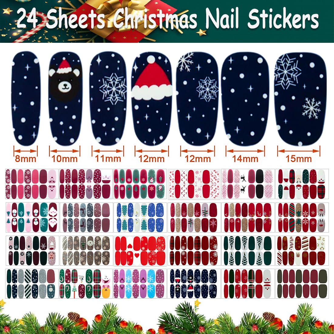 336 Pieces 24 Sheets Christmas Nail Stickers Full Nail Wraps Adhesive Nail Art Stickers Nail Polish Strips for Women with Nail File, Cuticle Stick(Classic Series)