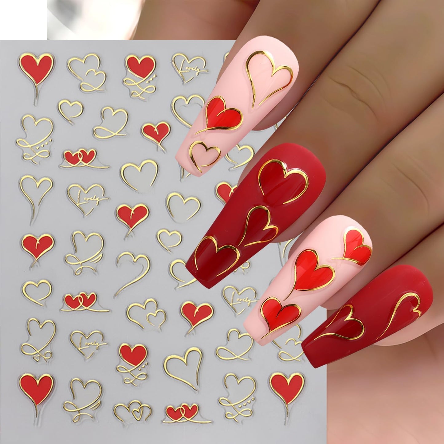 6 Pcs Heart Nail Art Stickers Valentines Day Nail Decals 3D Self Adhesive Hearts Nail Sticker Pink Purple Red Gold Heart Love Design Hollow Heart Nails Supplies Holiday Nail Accessories for Women