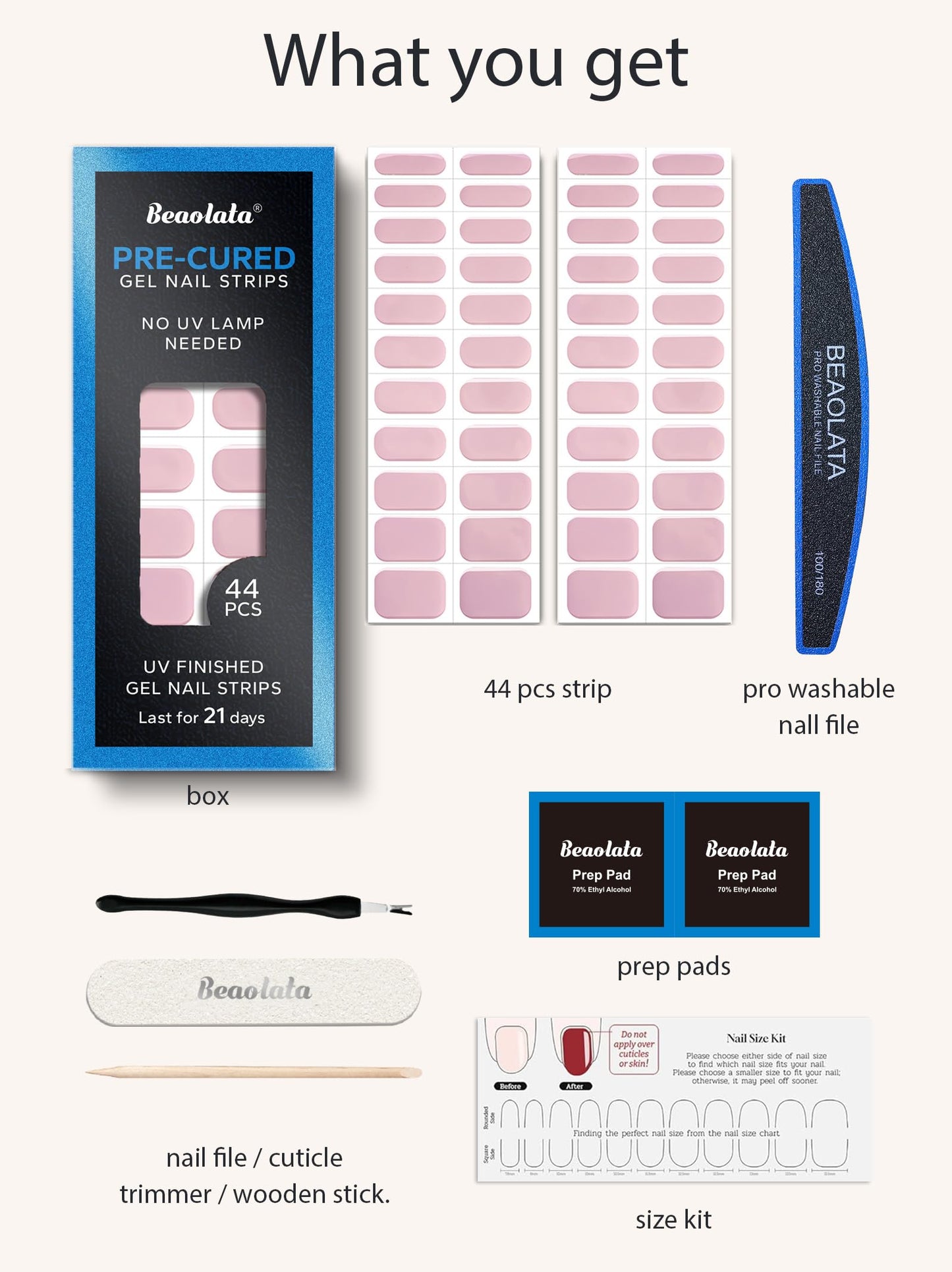 Beaolata Real Gel Nail Strips (No UV Light Needed) - 44Pcs Salon Quality Nail Stickers - Long Lasting Polish Wraps for Women, Easy Apply & Remove (Strawberry Frosting)
