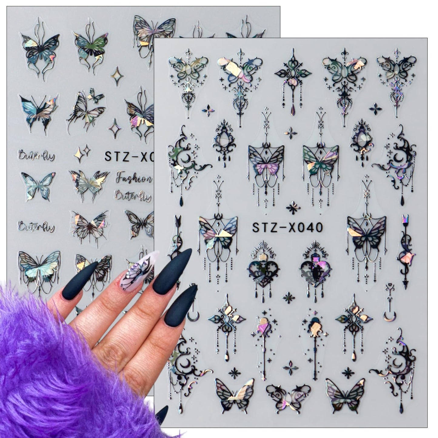 6Sheet Shiny Butterfly Nail Art Sticker,3D Holographic Black Pink Butterfly Nail Stickers Embossed Pendant Design Nail Decals Stars Heart Nail Sticker for Women DIY Nail Art Decoration