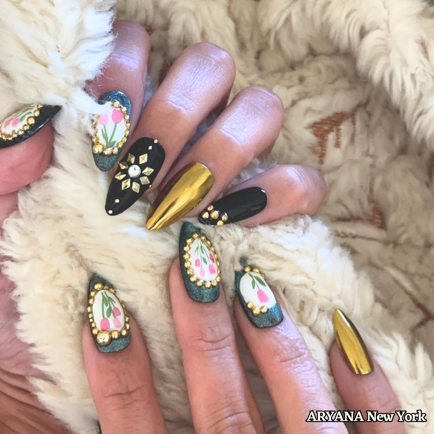 ARYANA NEW YORK 3D Press On Nails Handmade with Full Covered Crystals and Flowers Reusable Fake Nails Luxury Almond Nail Set, 10 PCS Acrylic Handmade Press On Nails - Flower Collection - (Small)