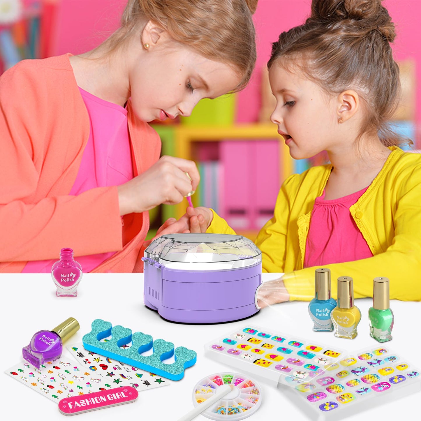 Ylovetoys Kids Nail Polish Set for Girls, Nail Art Kit for Kids Ages 7-12, All-in-One Nail Dryer Salon with Press On False Nails, Non-Toxic Polish, Stickers, DIY Decorative, Gift Toys for Girls