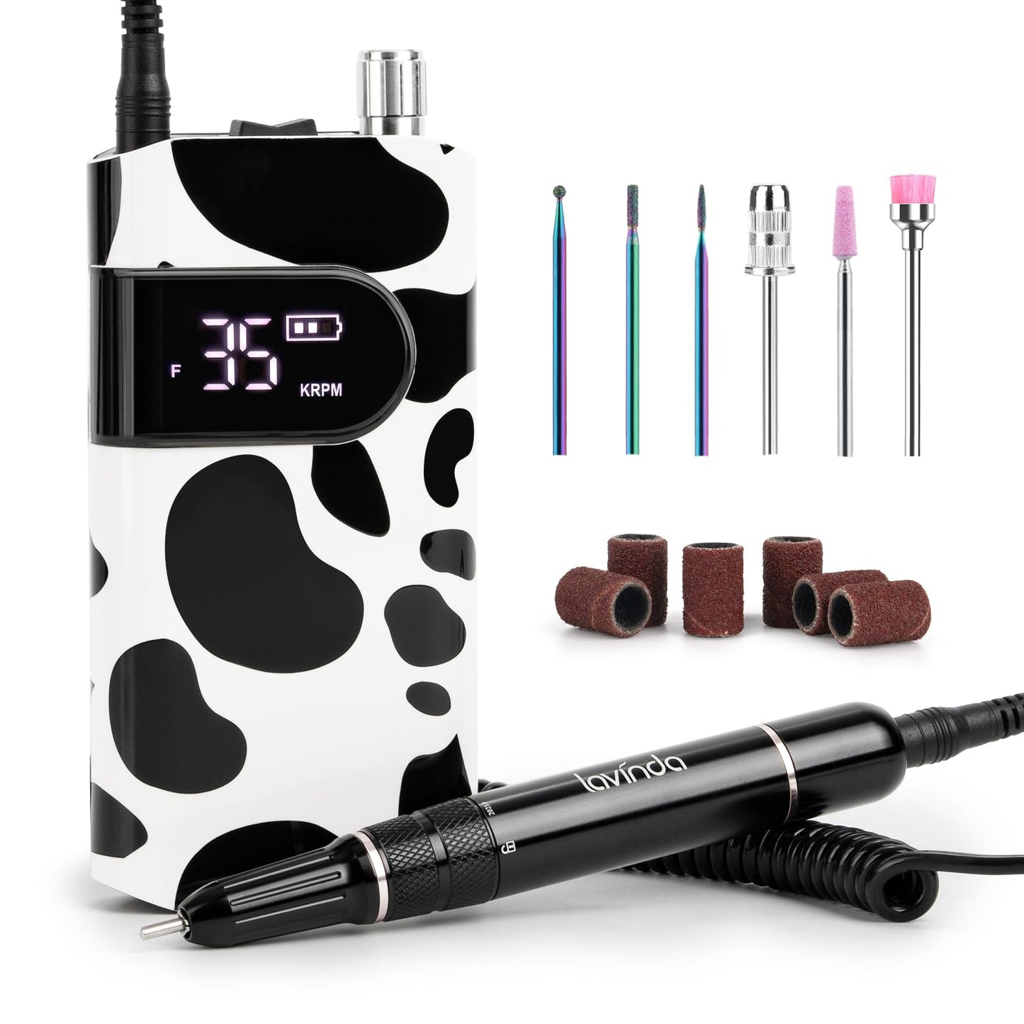 Lavinda 35000RPM Electric Nail Drill, Cordless Nail Drill Machine Portable Rechargeable Nail Efile for Acrylic Gel Nails, Manicure Pedicure Polishing Shaping Tool for Salon Home Use-Cow Print