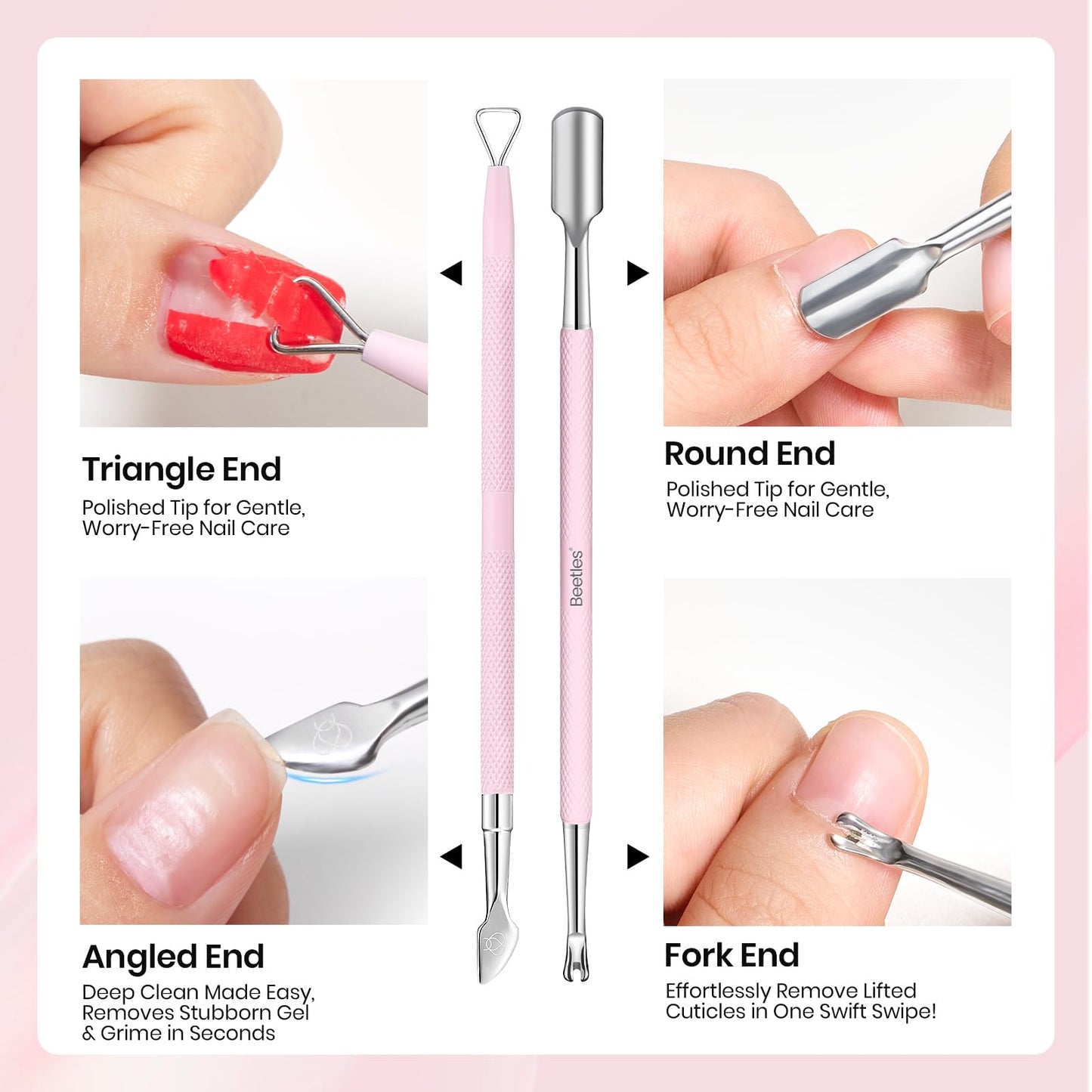 Beetles Manicure Kit for Women with Cuticle Remover, 3 PCS Pink Manicure Set Cuticle Trimmer Dual End Cuticles Pusher Clean Nails Tip Dirt Pusher with Storage Pouch Nail Prep Kit for Gel Nail Polish
