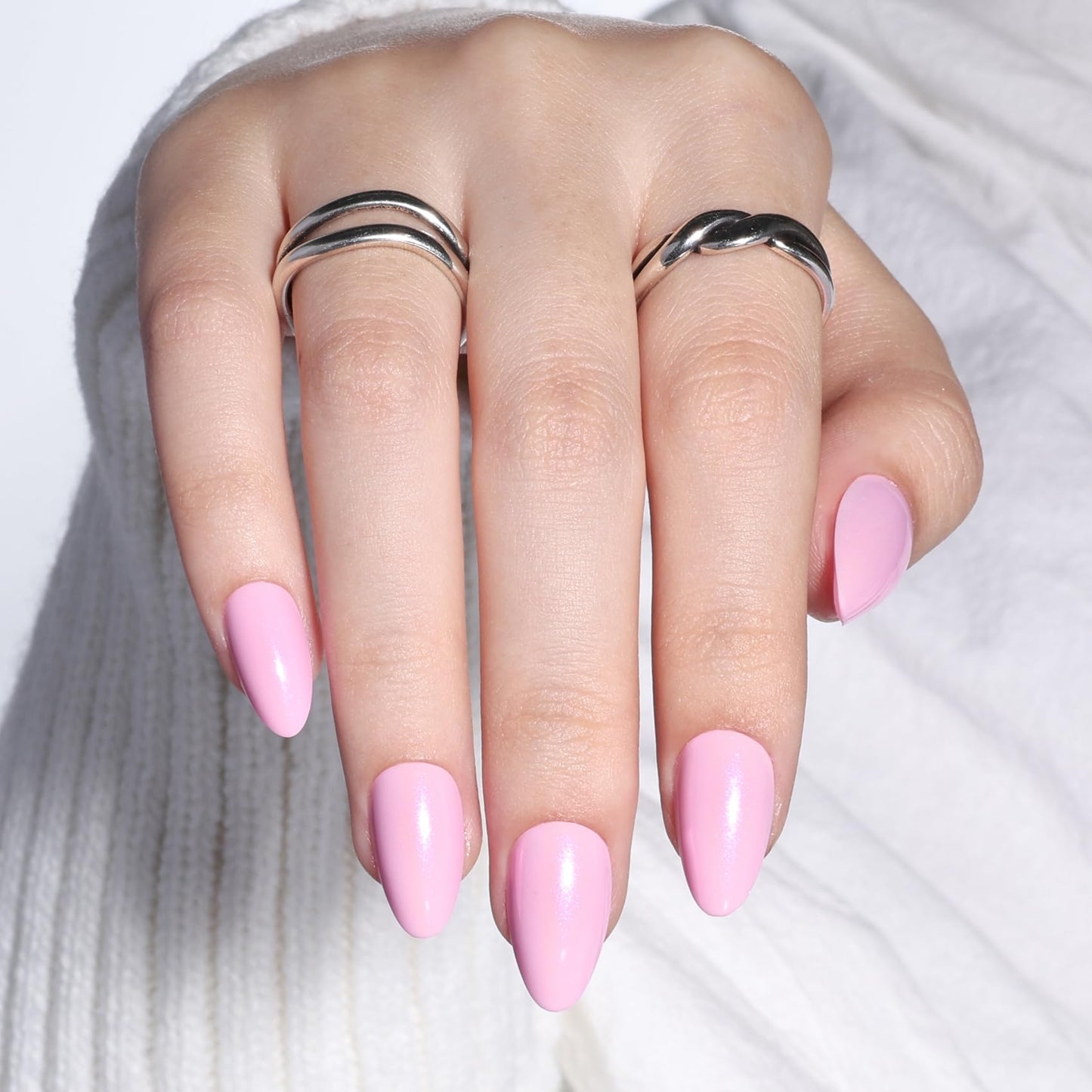 Pink Press On Nails Almond - Short Fake Nails with Nail Glue, Pink Chrome Press On Nails Reusable Stick On Nails in 16 Sizes - 32 Nail Kit for Women & Girls | Salon Quality
